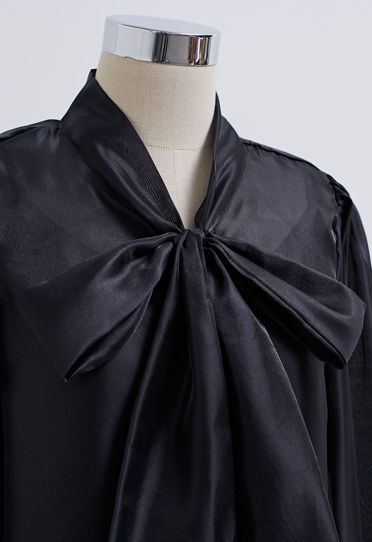 Elegant Bowknot Puff Sleeves Sheer Shirt in Black - Retro, Indie and ...