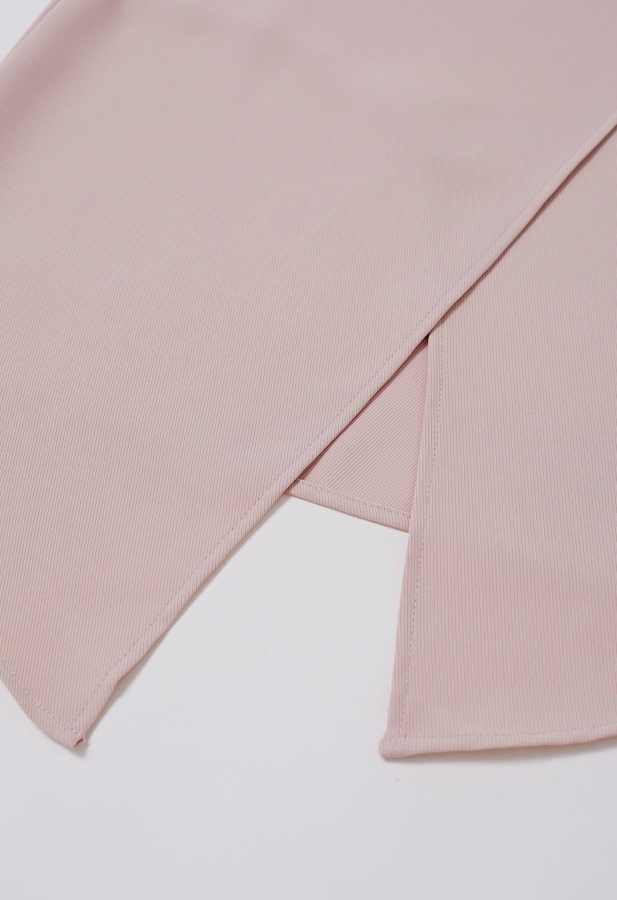 Buttoned Pleats Irregular Flap Midi Skirt in Pink