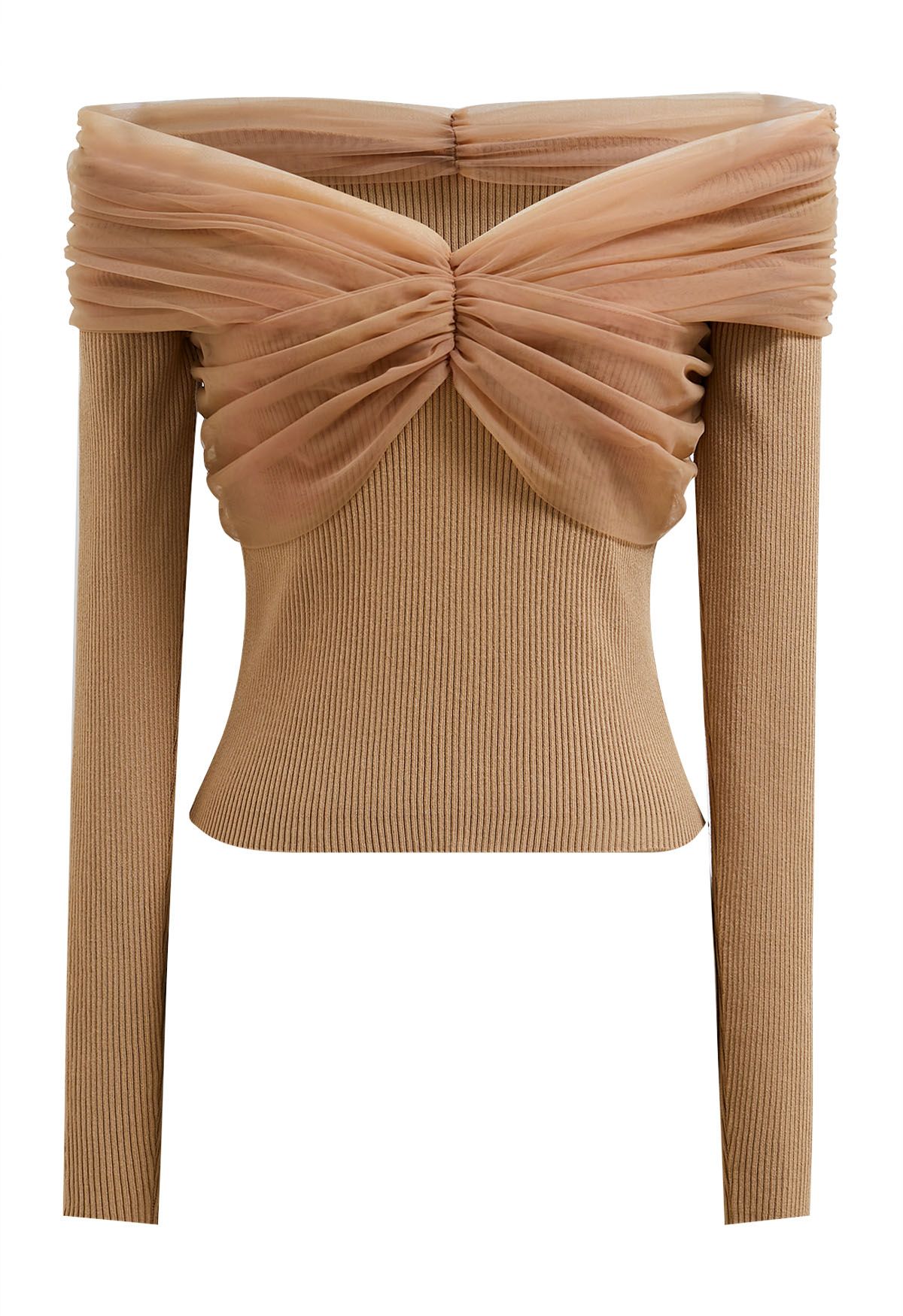 Off-Shoulder Mesh Spliced Knit Top in Tan - Retro, Indie and