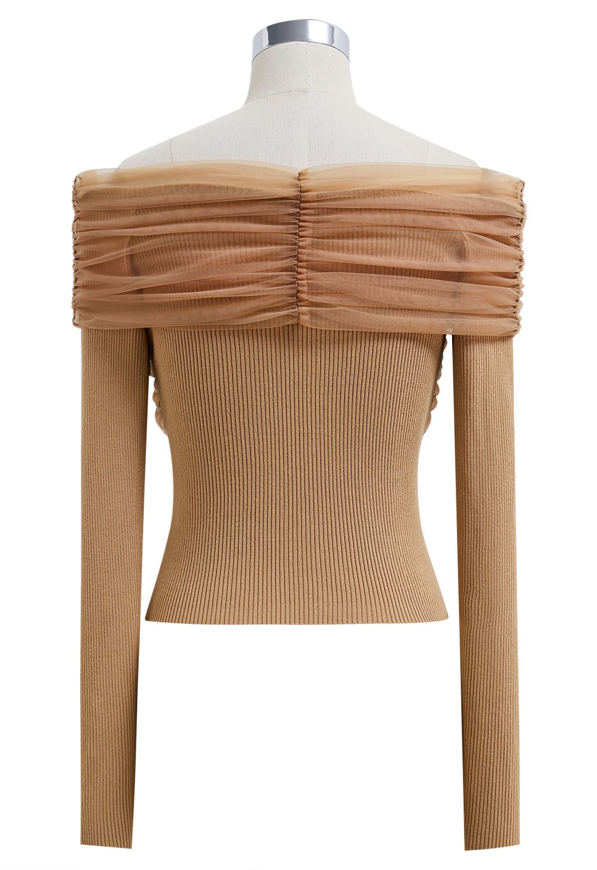 Off-Shoulder Mesh Spliced Knit Top in Tan