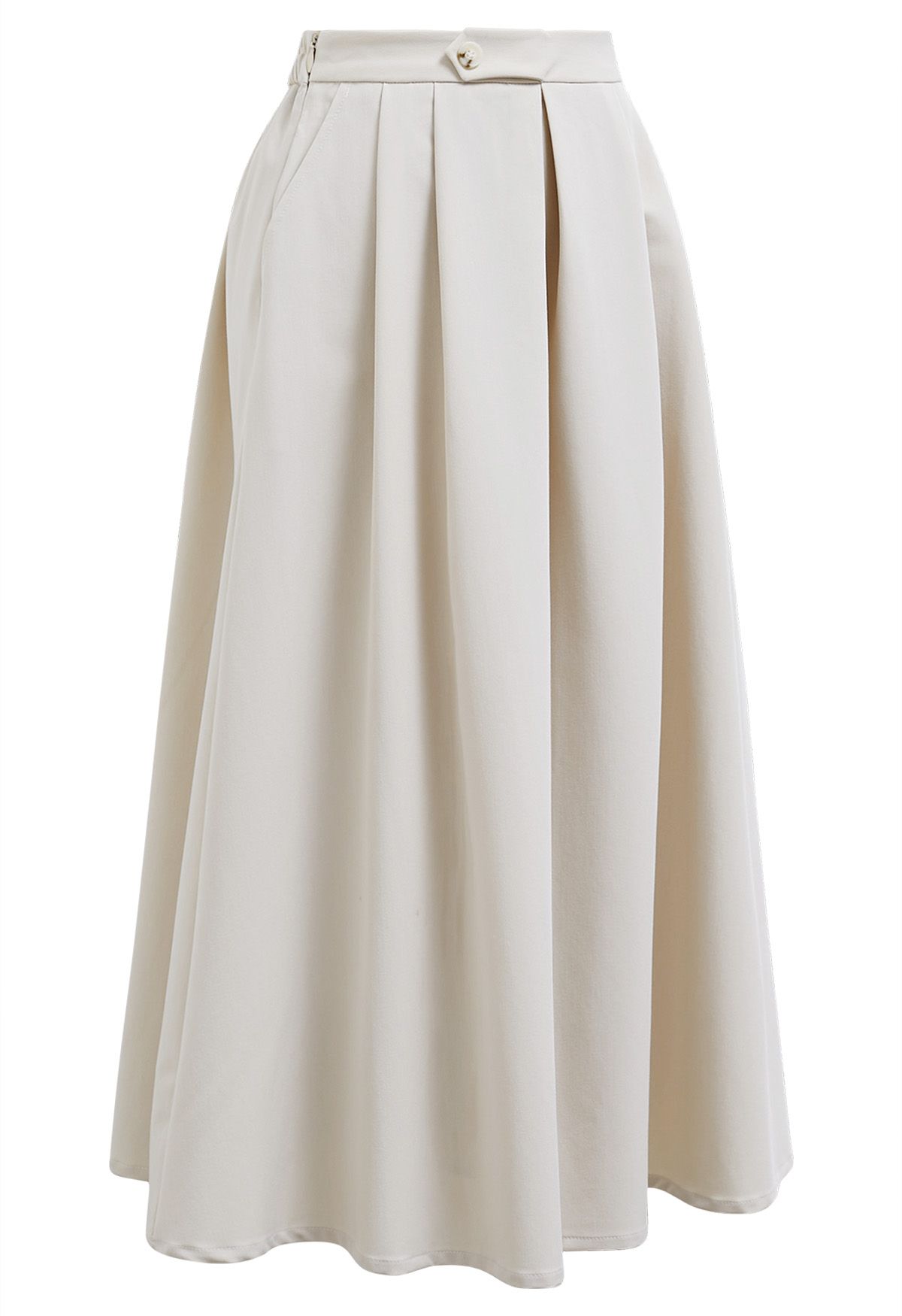 Button Decorated Pleated A-Line Skirt in Ivory