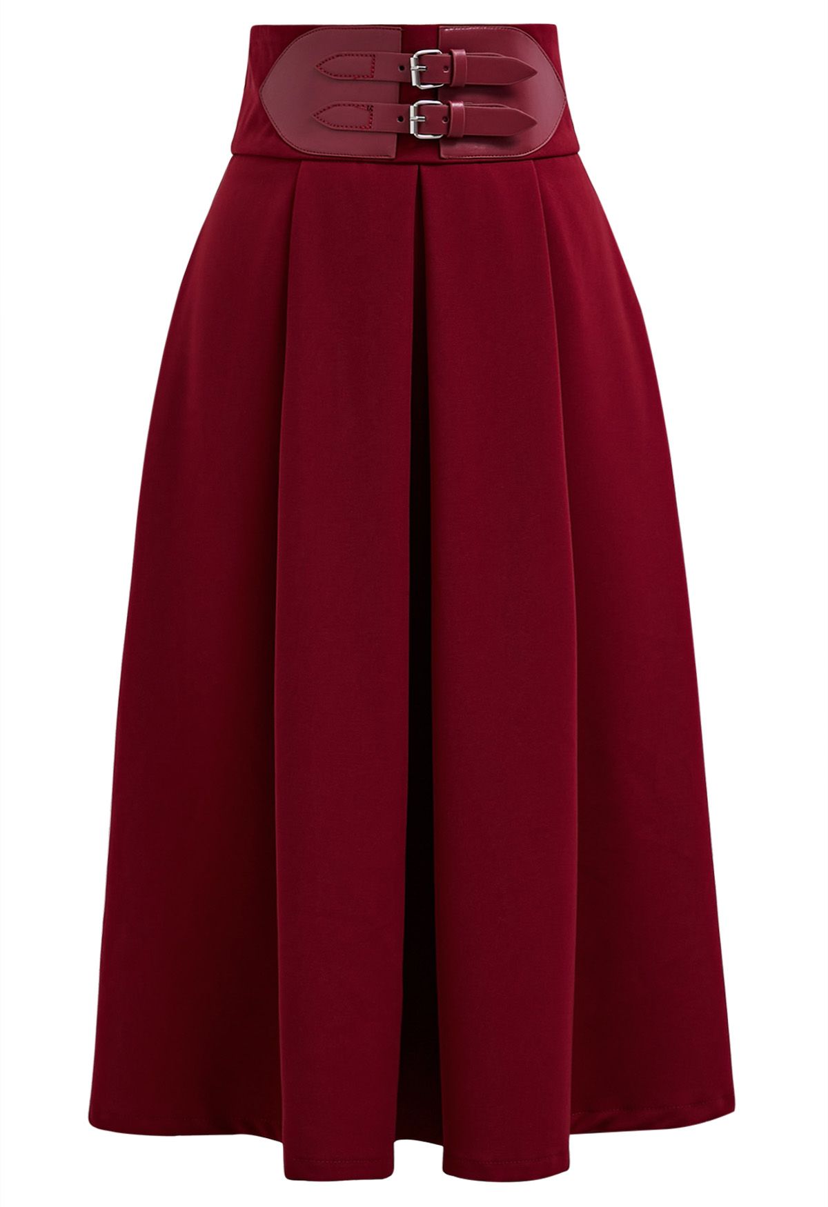 Belt Embellished High Waist Pleated Midi Skirt in Red