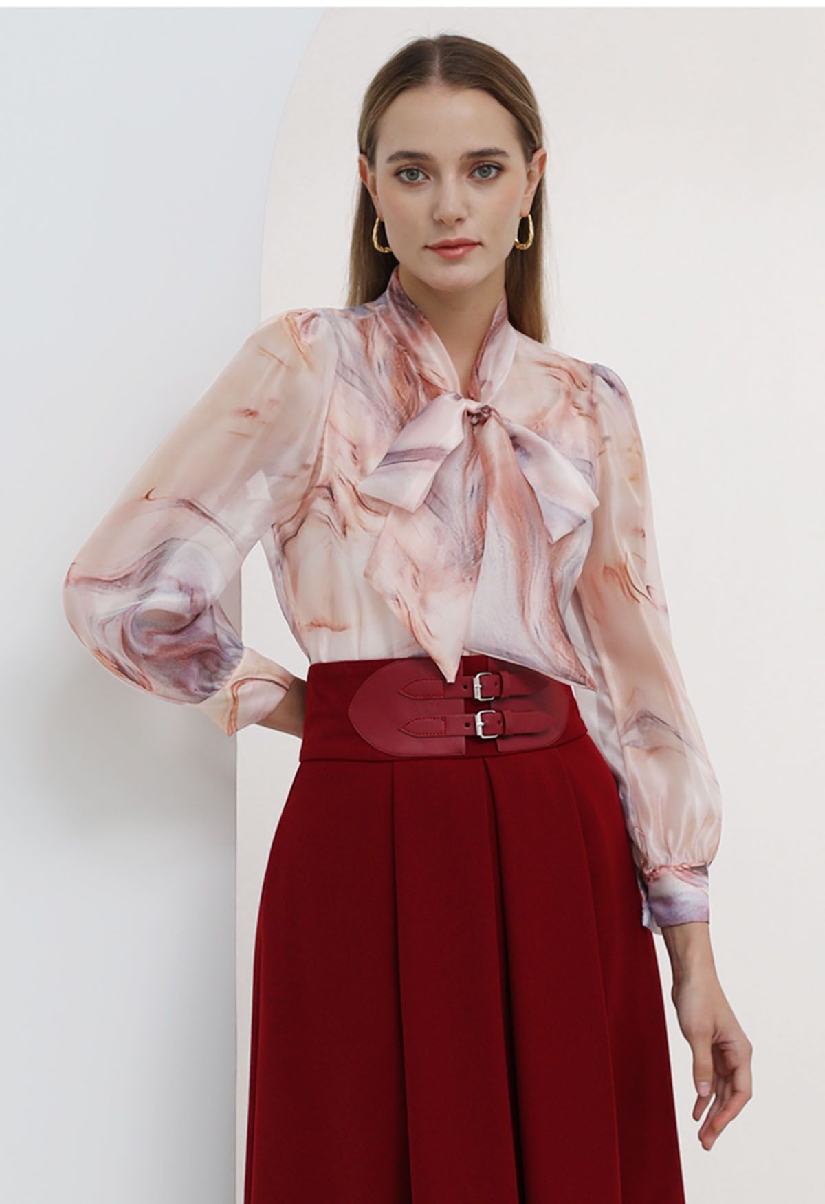 Elegant Bowknot Watercolor Floral Sheer Shirt in Coral