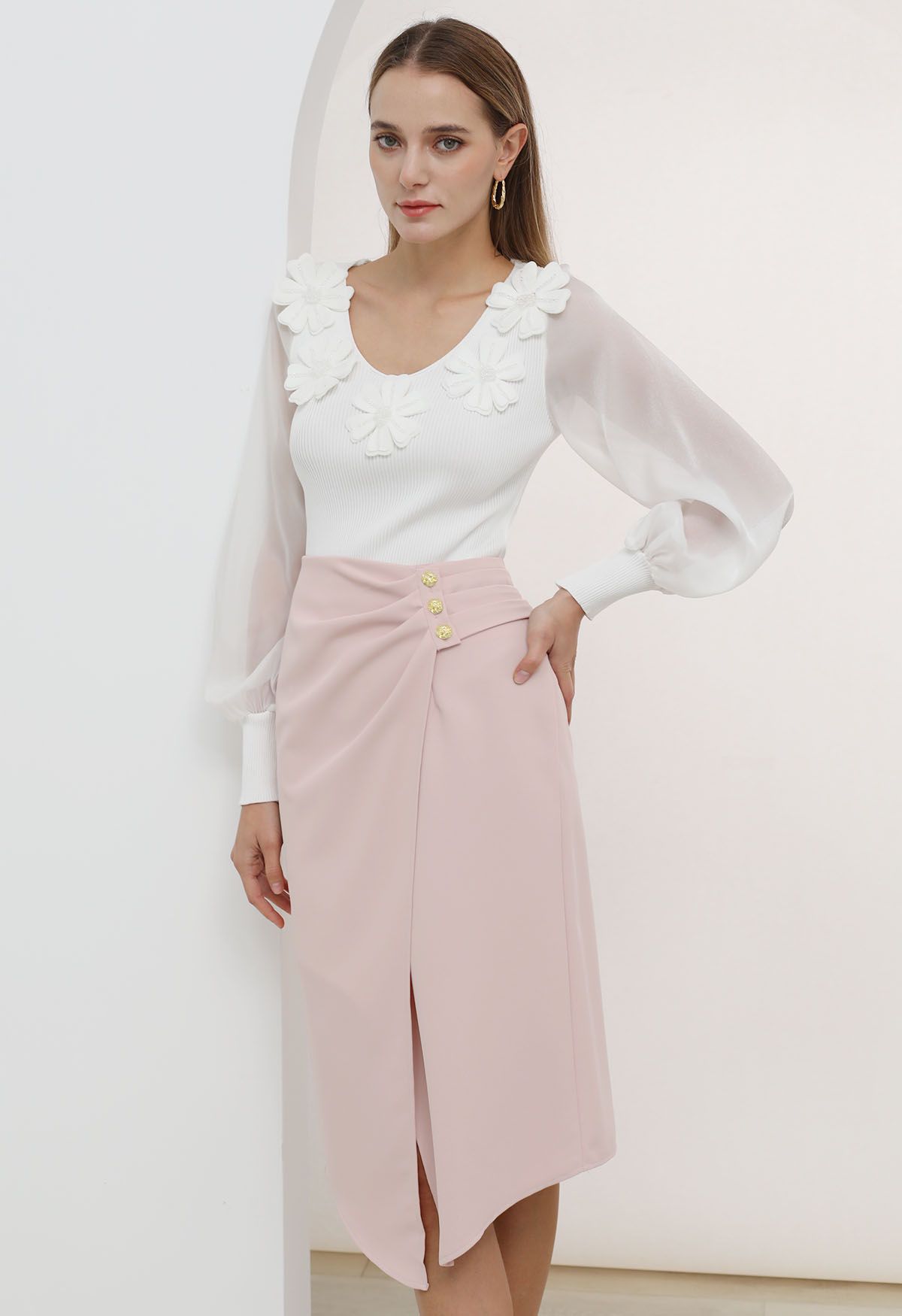 Buttoned Pleats Irregular Flap Midi Skirt in Pink