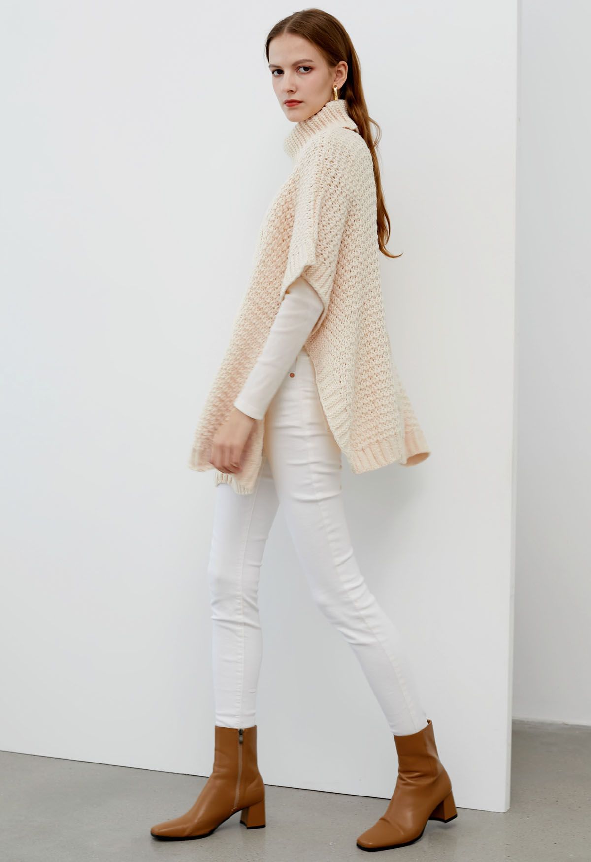 Turtleneck Cable Knit Poncho in Cream