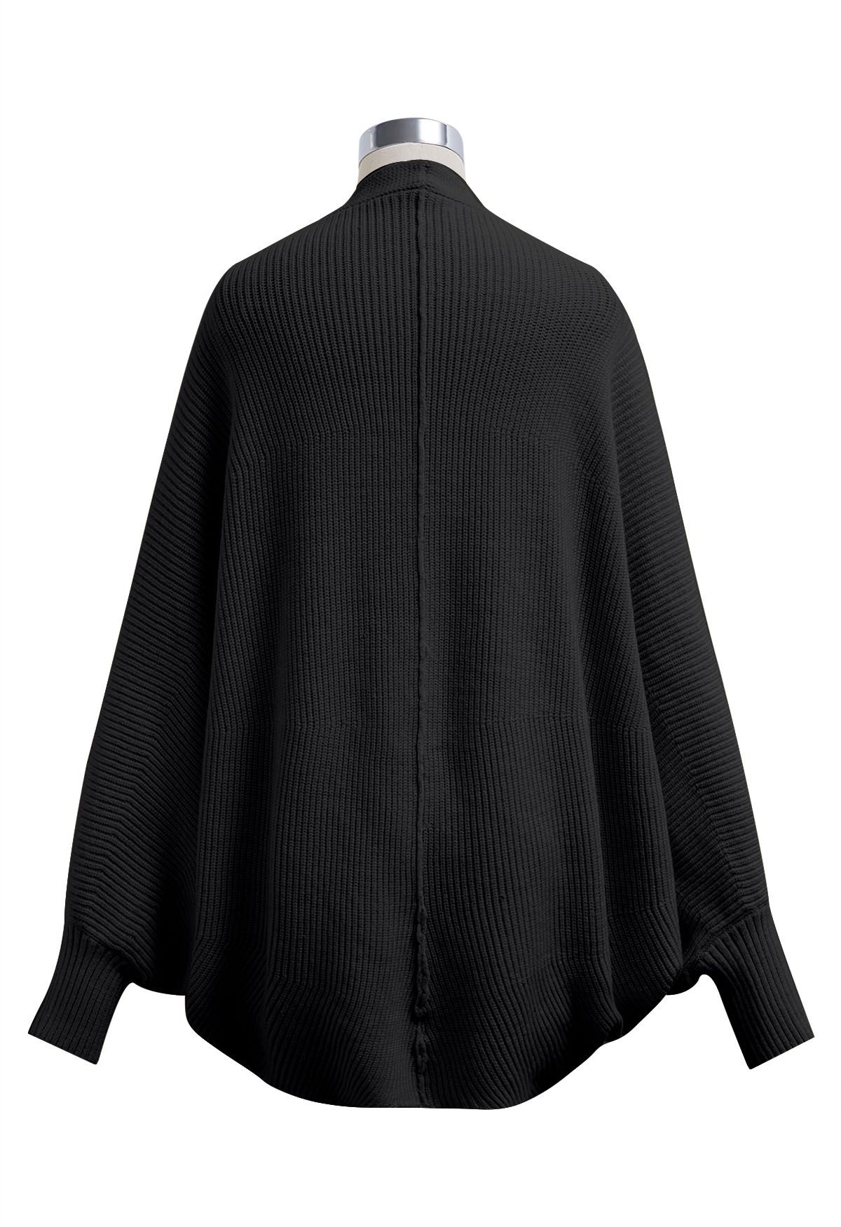 Batwing Sleeves Open Front Knit Cardigan in Black