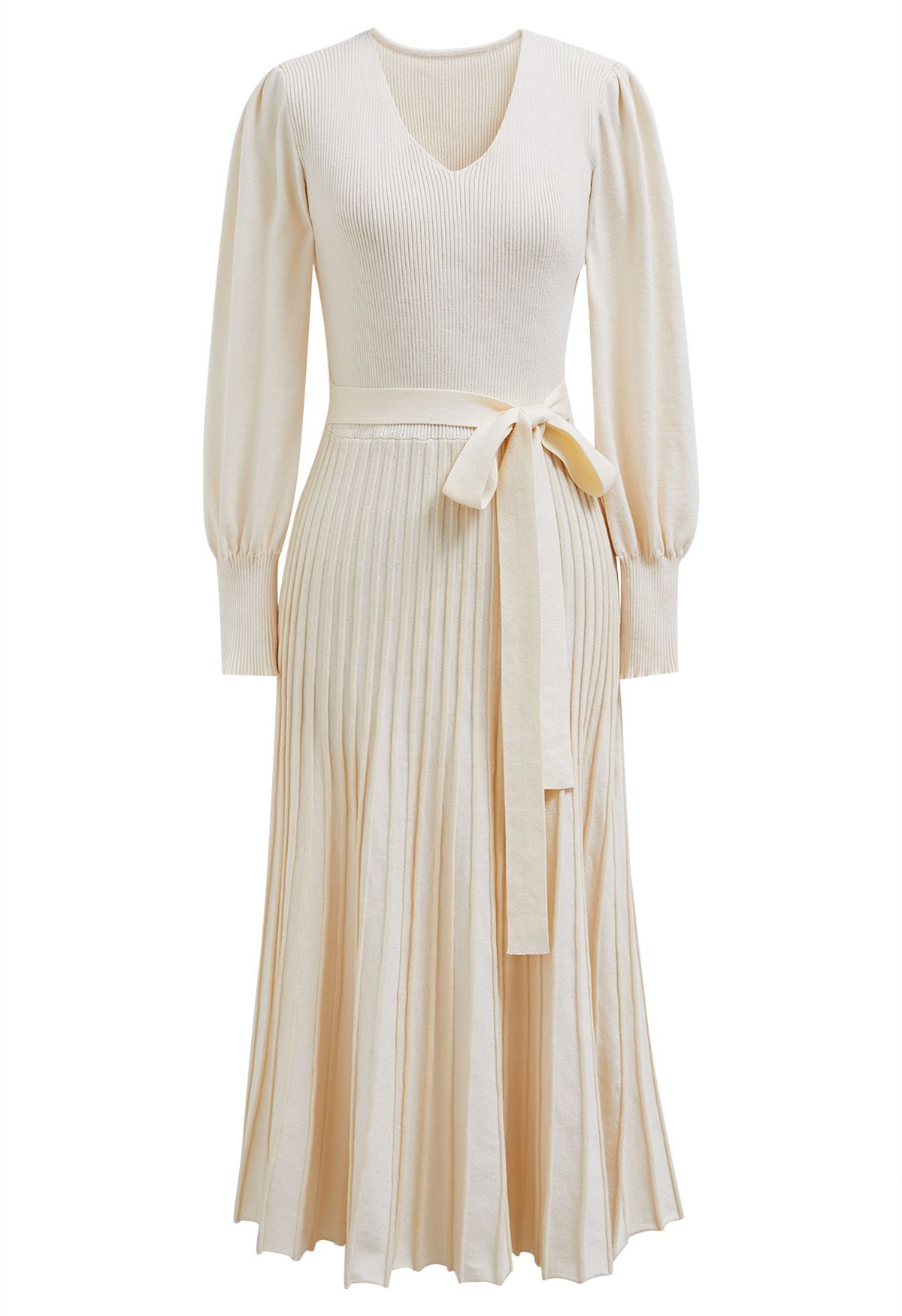 Captivating V-Neck Tie Waist Pleated Knit Dress in Cream - Retro, Indie ...