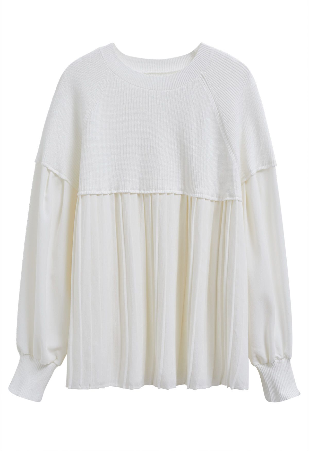 Effortlessly Elegant Knit Spliced Pleated Tunic Top in White