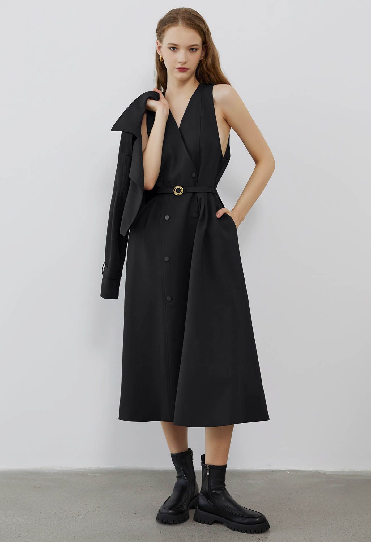 Double-Breasted Vest Dress and Cropped Jacket Set in Black - Retro