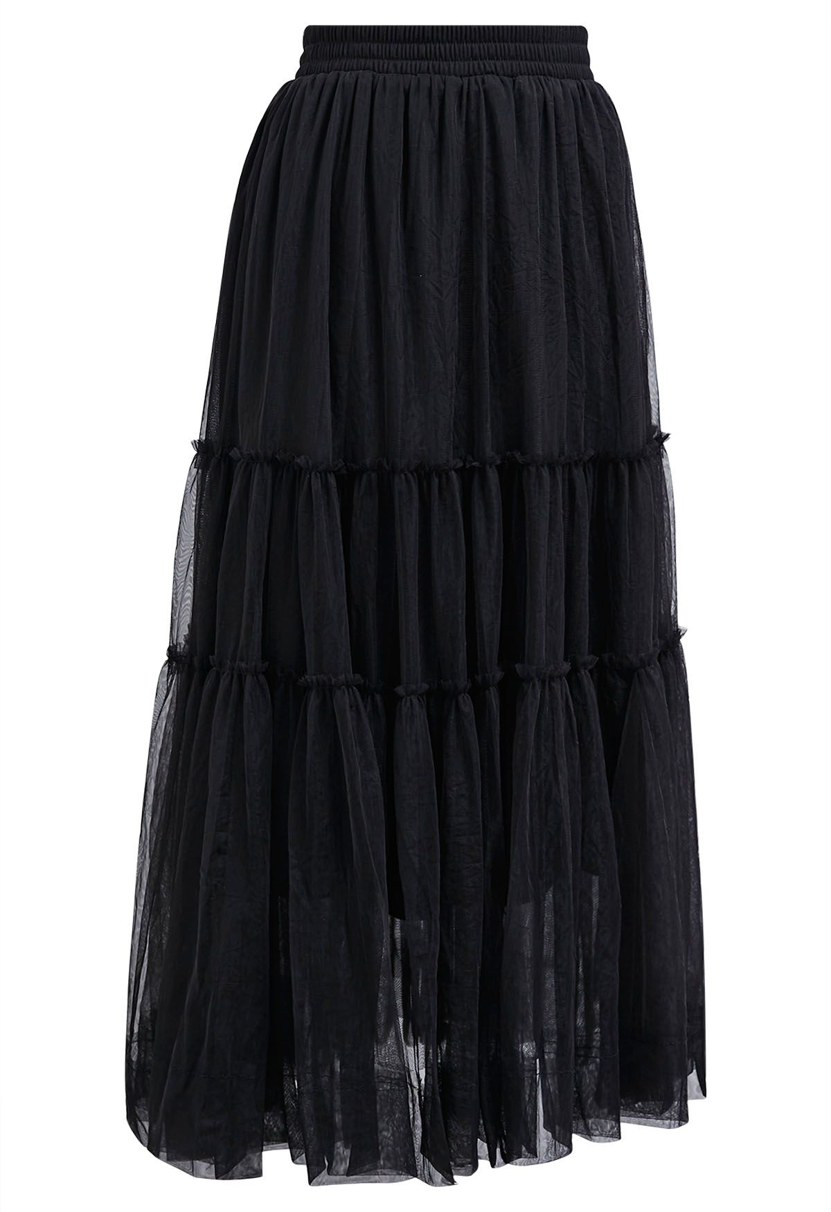 Ruffles Adorned Mesh Tulle Midi Skirt in Black - Retro, Indie and ...