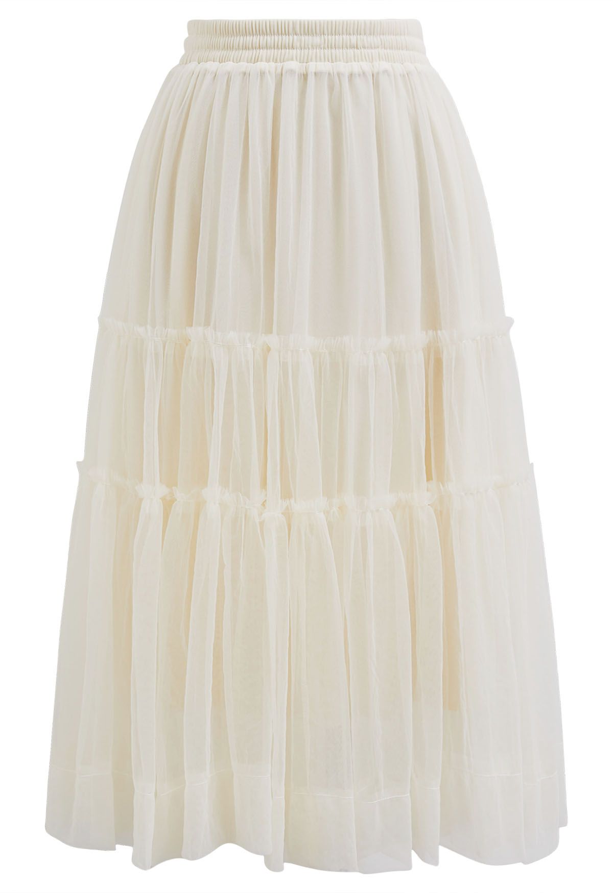 Ruffles Adorned Mesh Tulle Midi Skirt in Cream