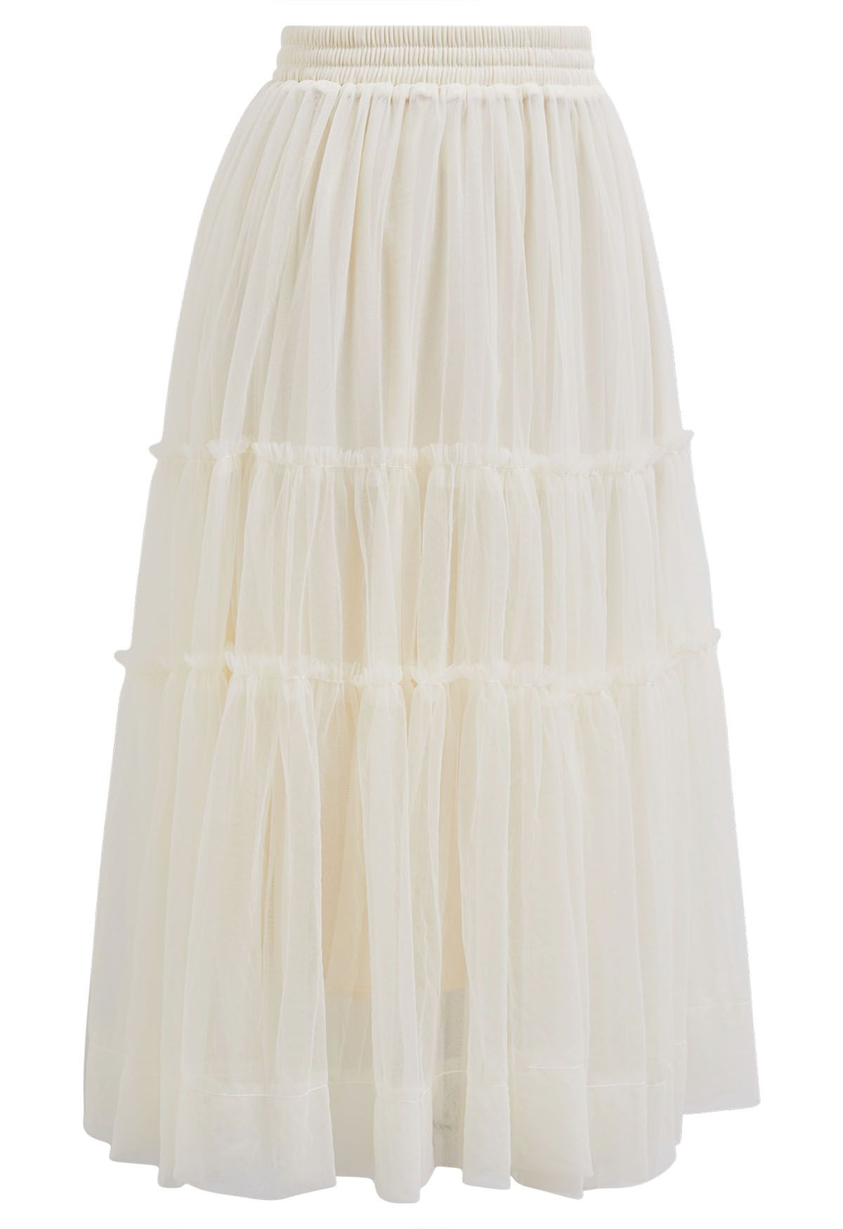 Ruffles Adorned Mesh Tulle Midi Skirt in Cream