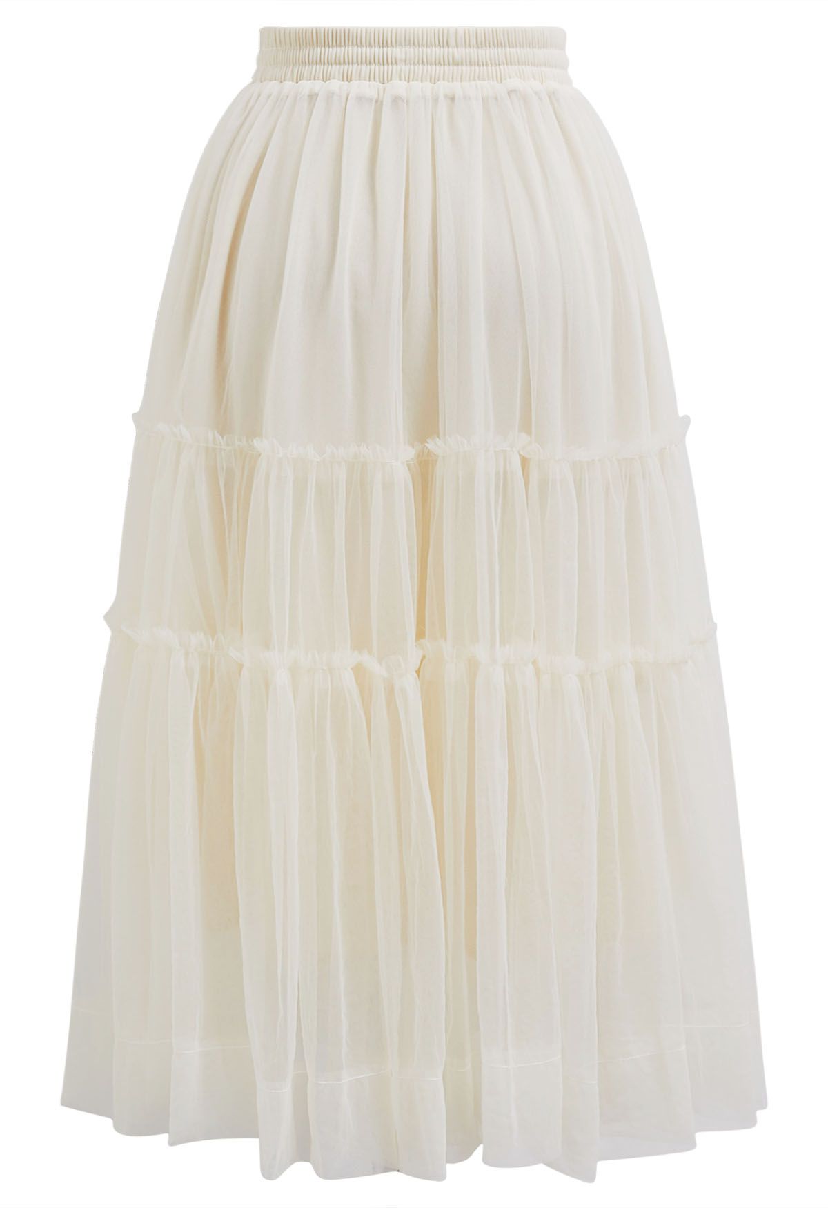 Ruffles Adorned Mesh Tulle Midi Skirt in Cream