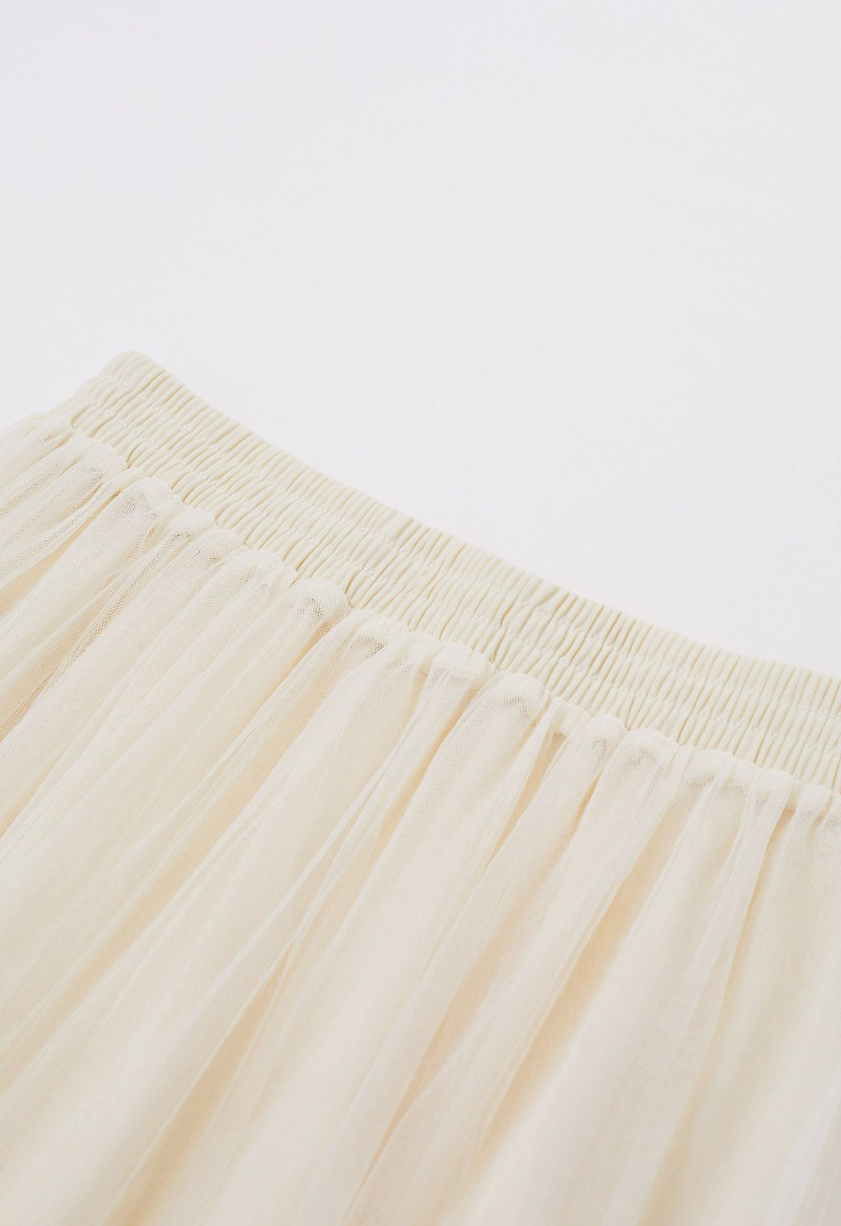 Ruffles Adorned Mesh Tulle Midi Skirt in Cream