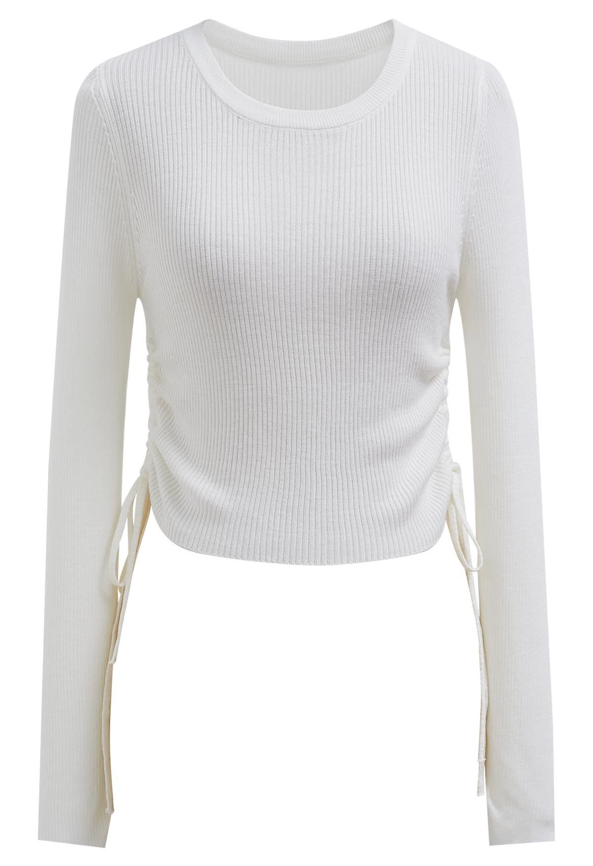 Side Drawstring Long Sleeves Crop Top in Ivory