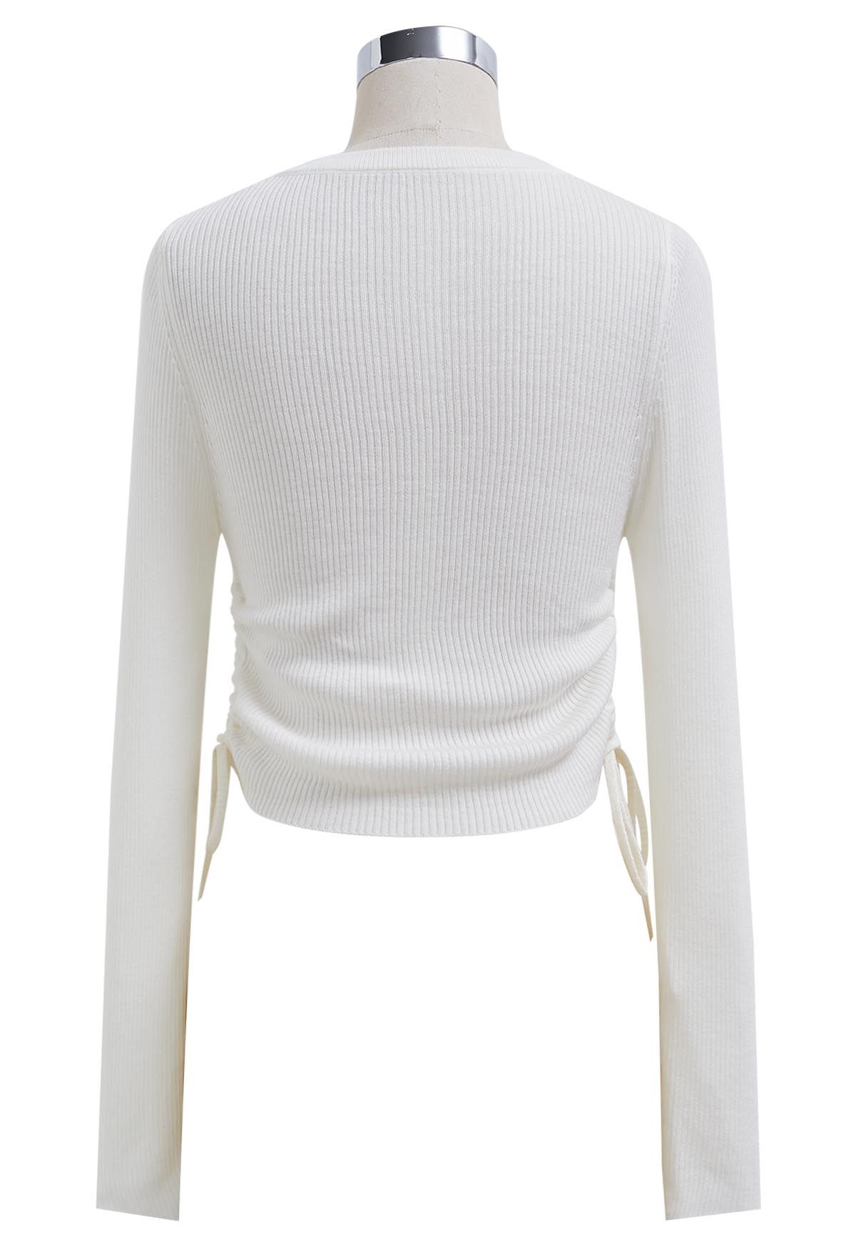 Side Drawstring Long Sleeves Crop Top in Ivory