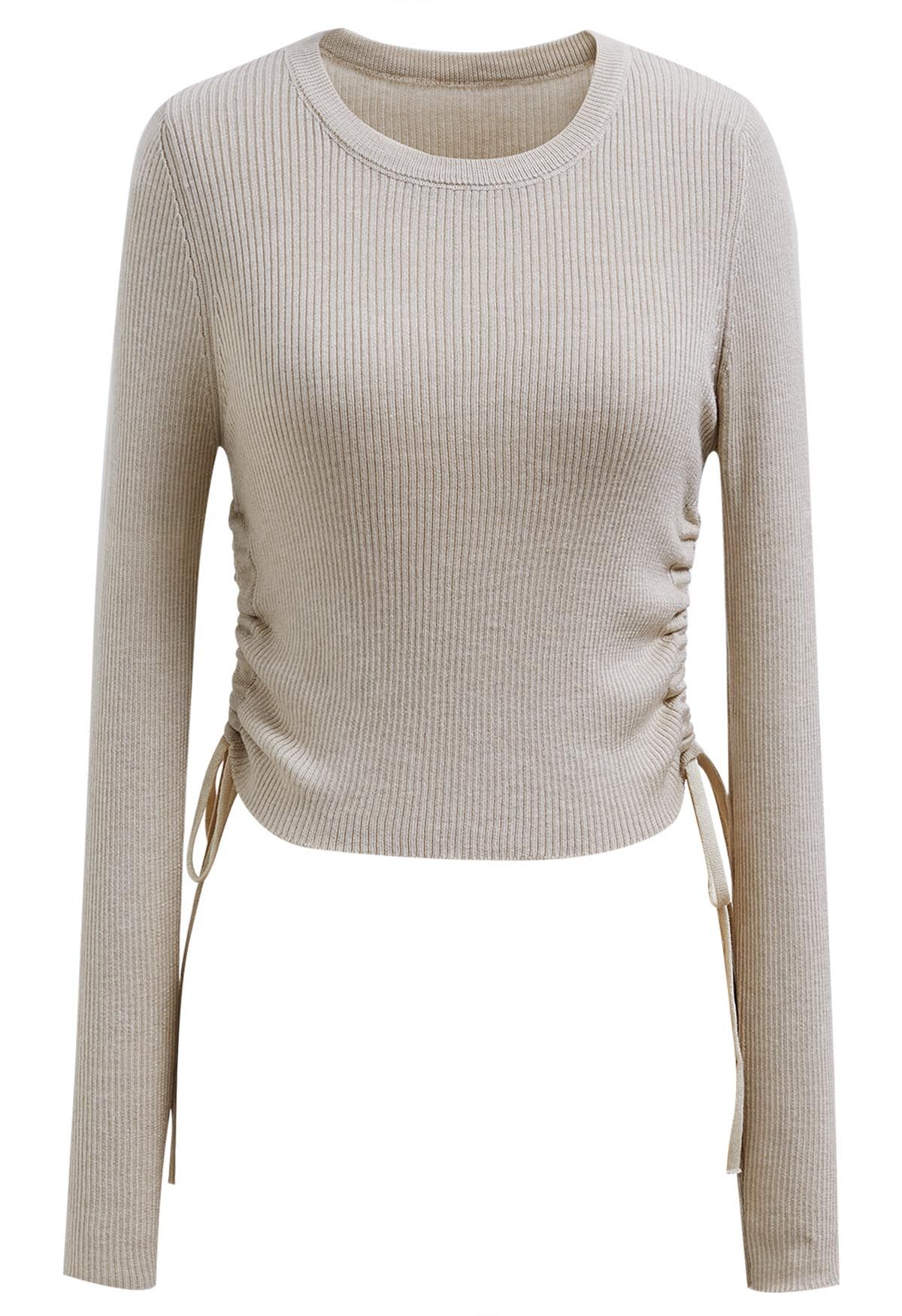 Side Drawstring Long Sleeves Crop Top in Linen