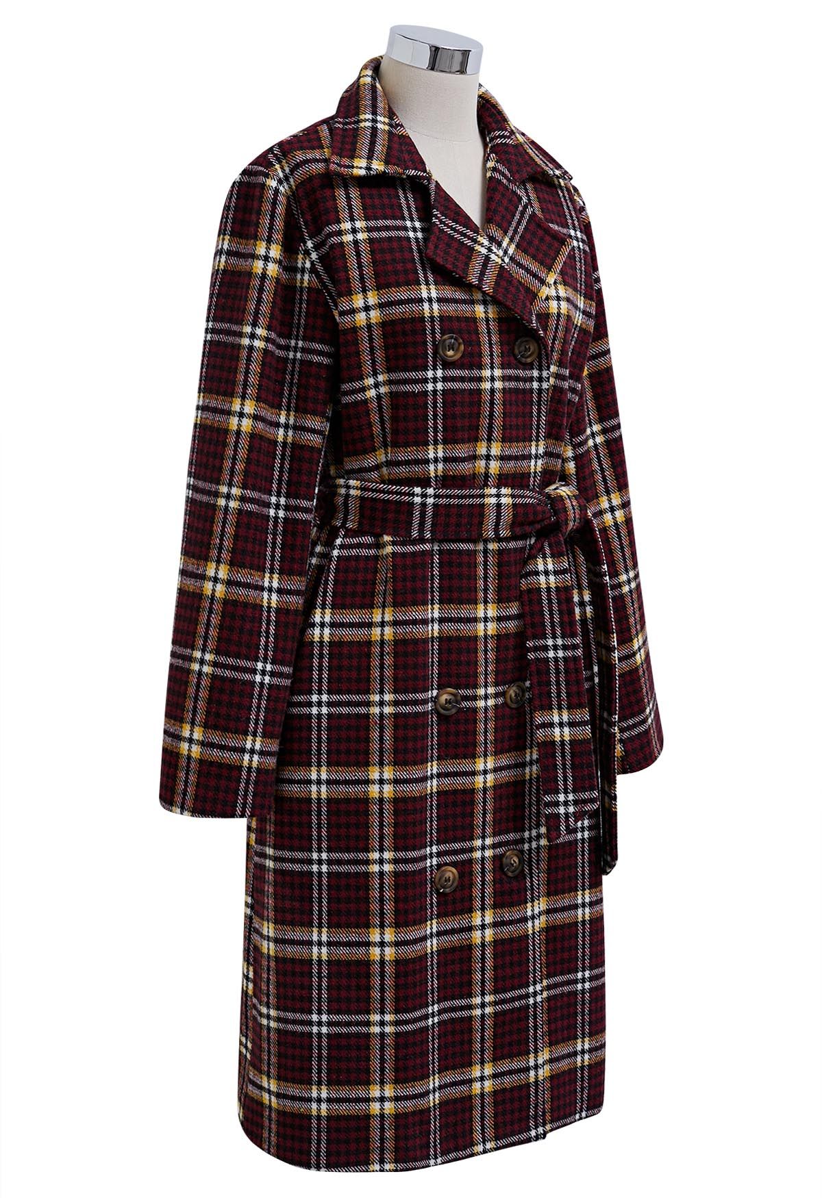 Houndstooth Plaid Double-Breasted Longline Coat