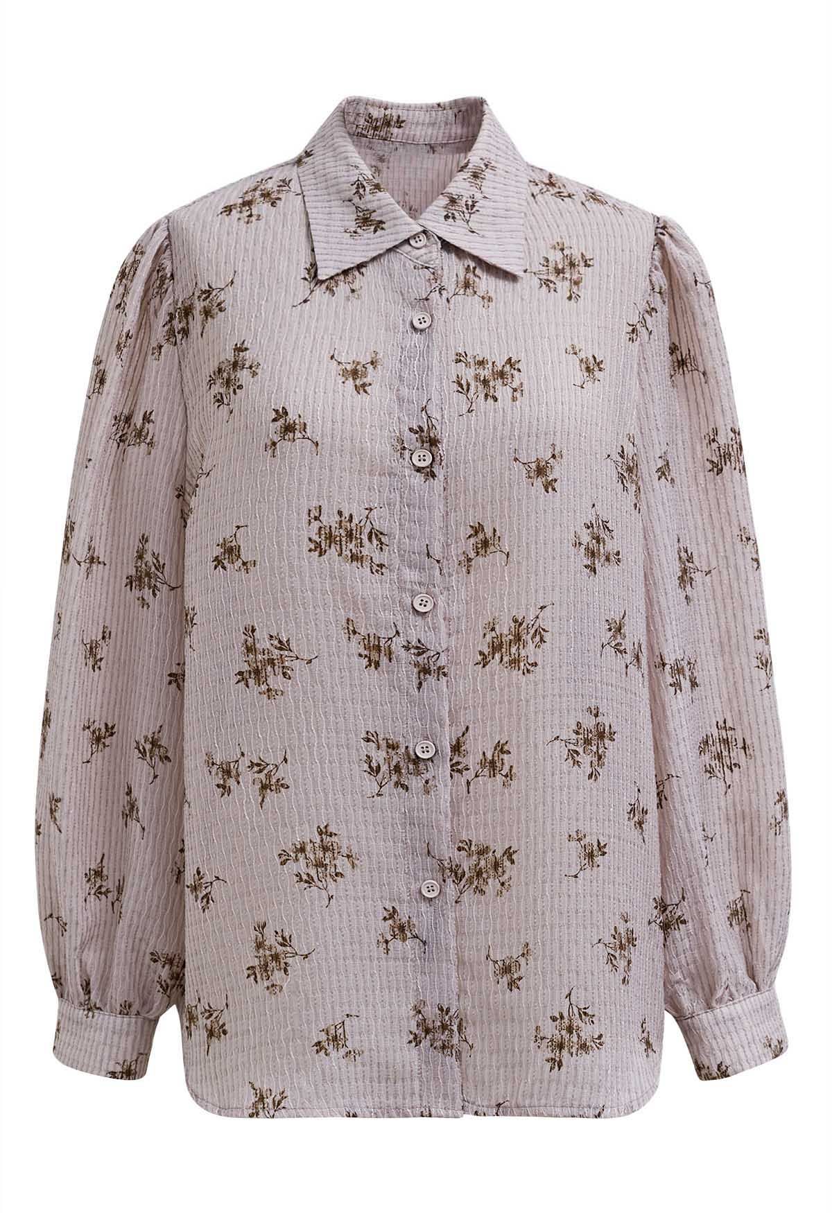 Floret Print Texture Button Down Shirt in Dusty Pink