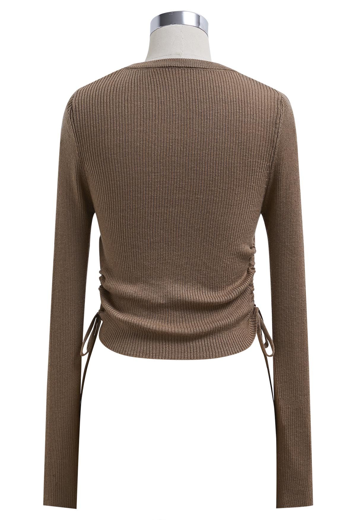 Side Drawstring Long Sleeves Crop Top in Brown