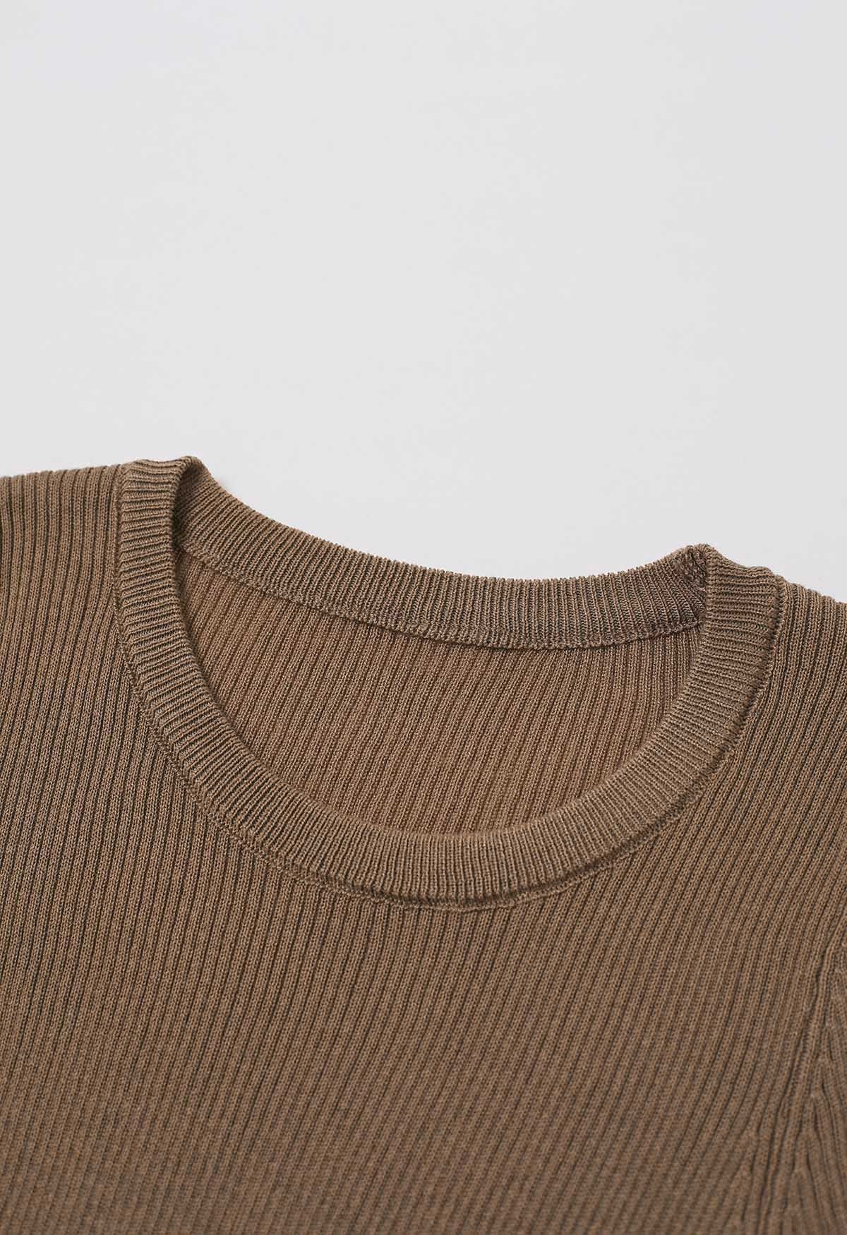 Side Drawstring Long Sleeves Crop Top in Brown