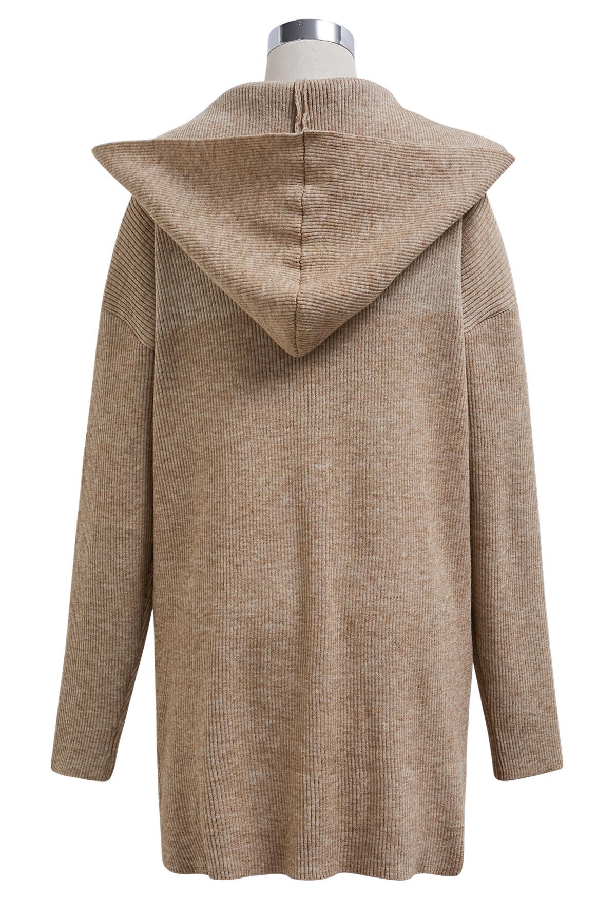 Patch Pockets Open Front Hooded Cardigan in Camel Retro Indie and Unique Fashion