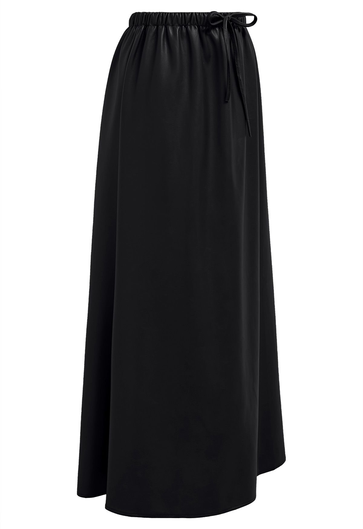 Drawstring Waist Faux Leather Maxi Skirt in Black