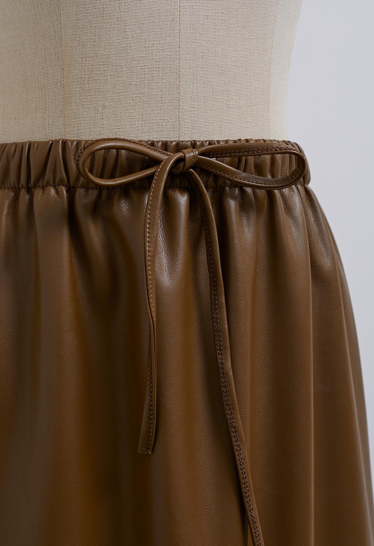 Drawstring Waist Faux Leather Maxi Skirt in Brown