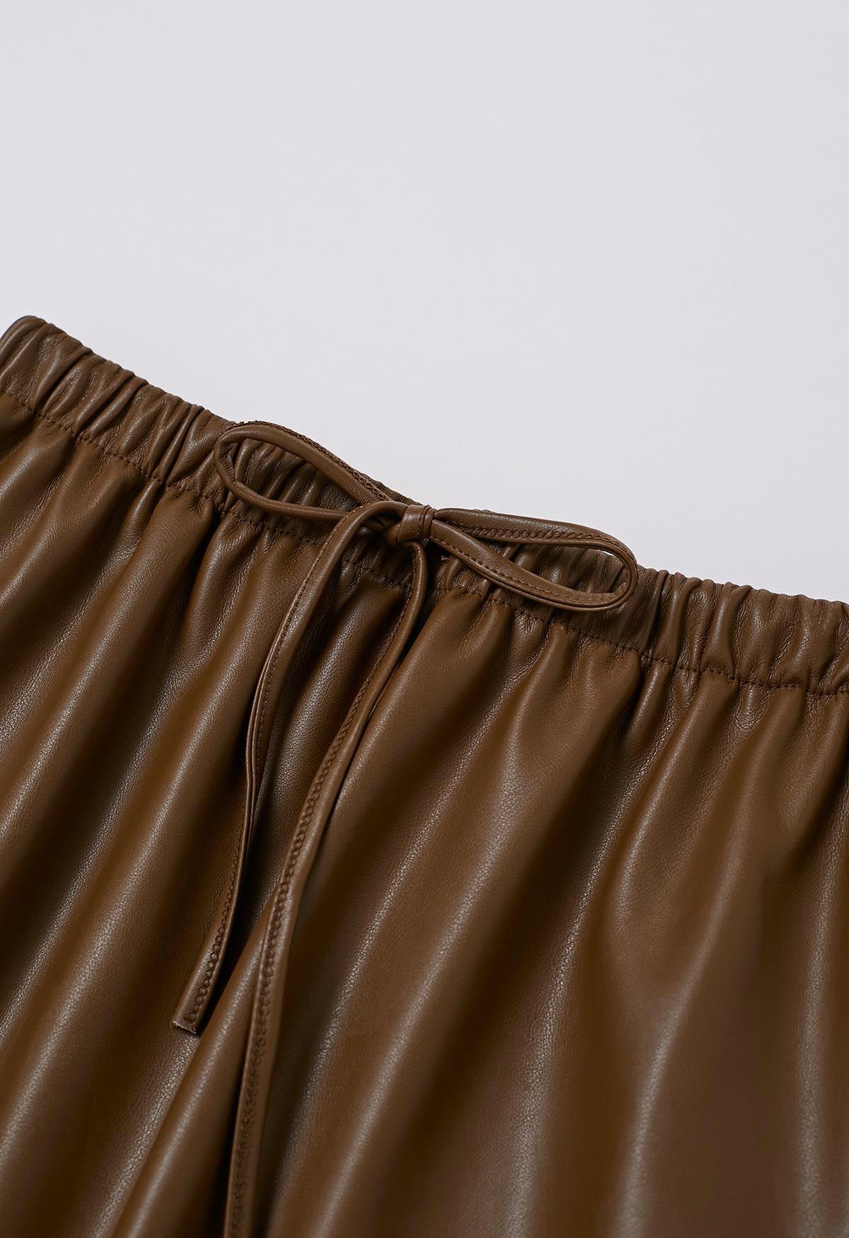 Drawstring Waist Faux Leather Maxi Skirt in Brown