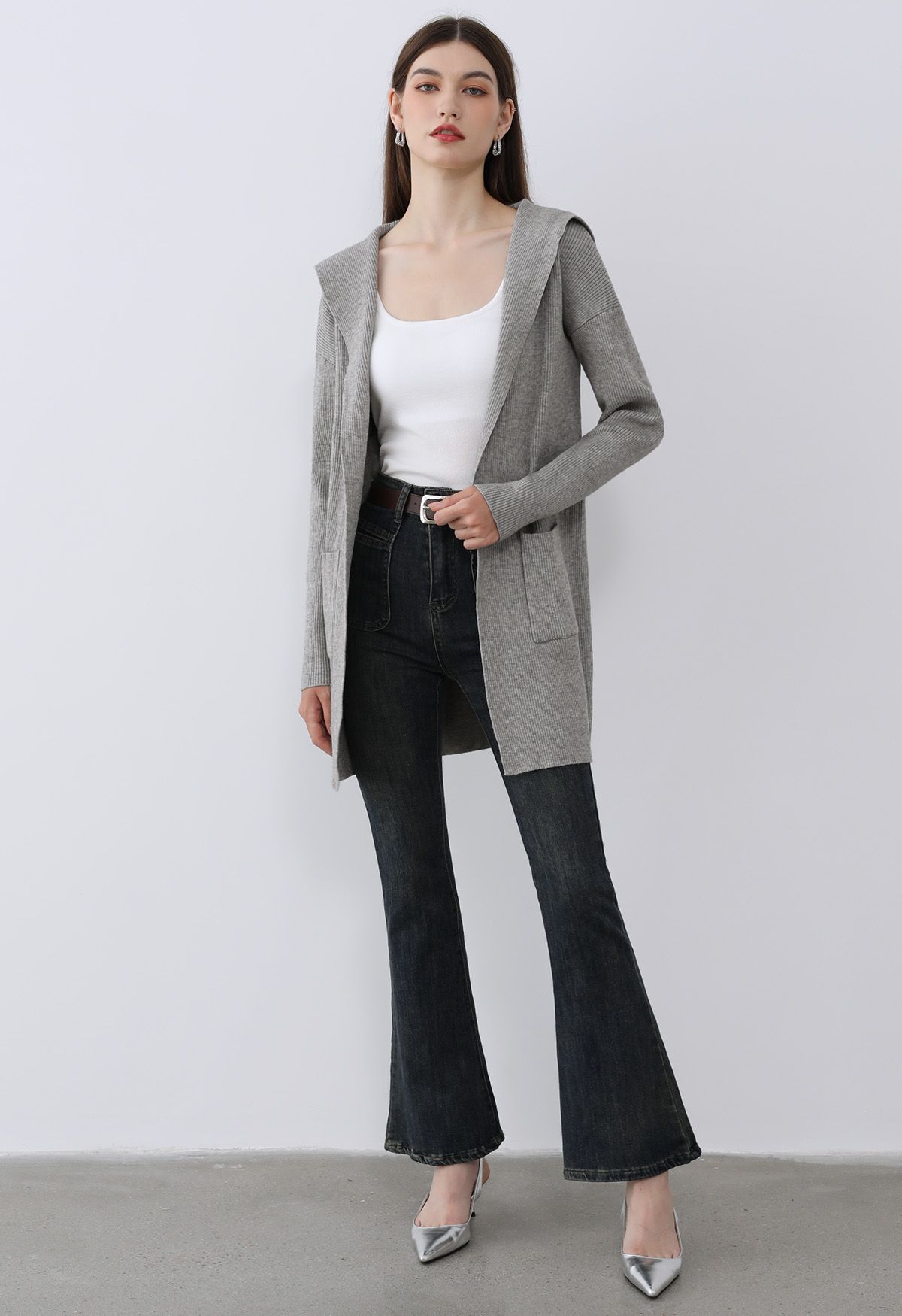 Patch Pockets Open Front Hooded Cardigan in Grey