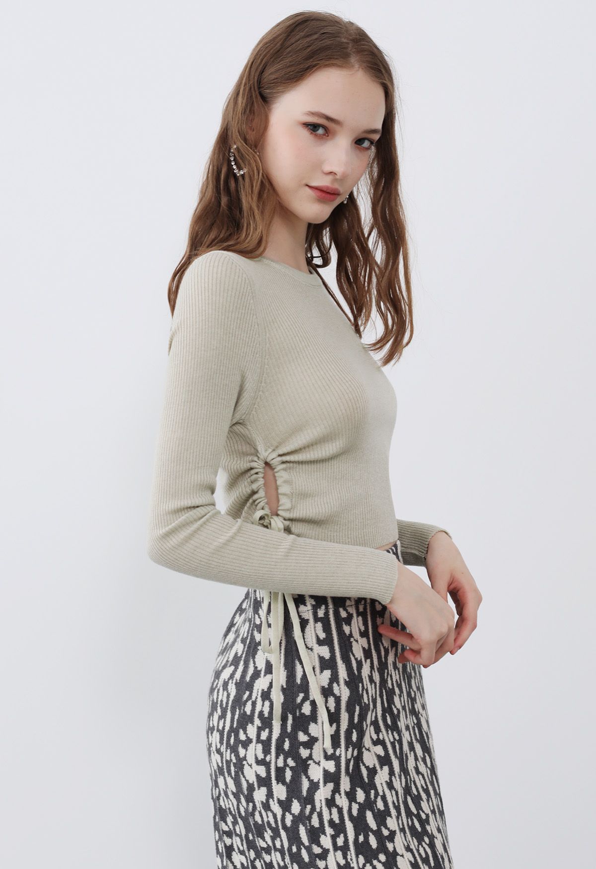 Side Drawstring Long Sleeves Crop Top in Linen