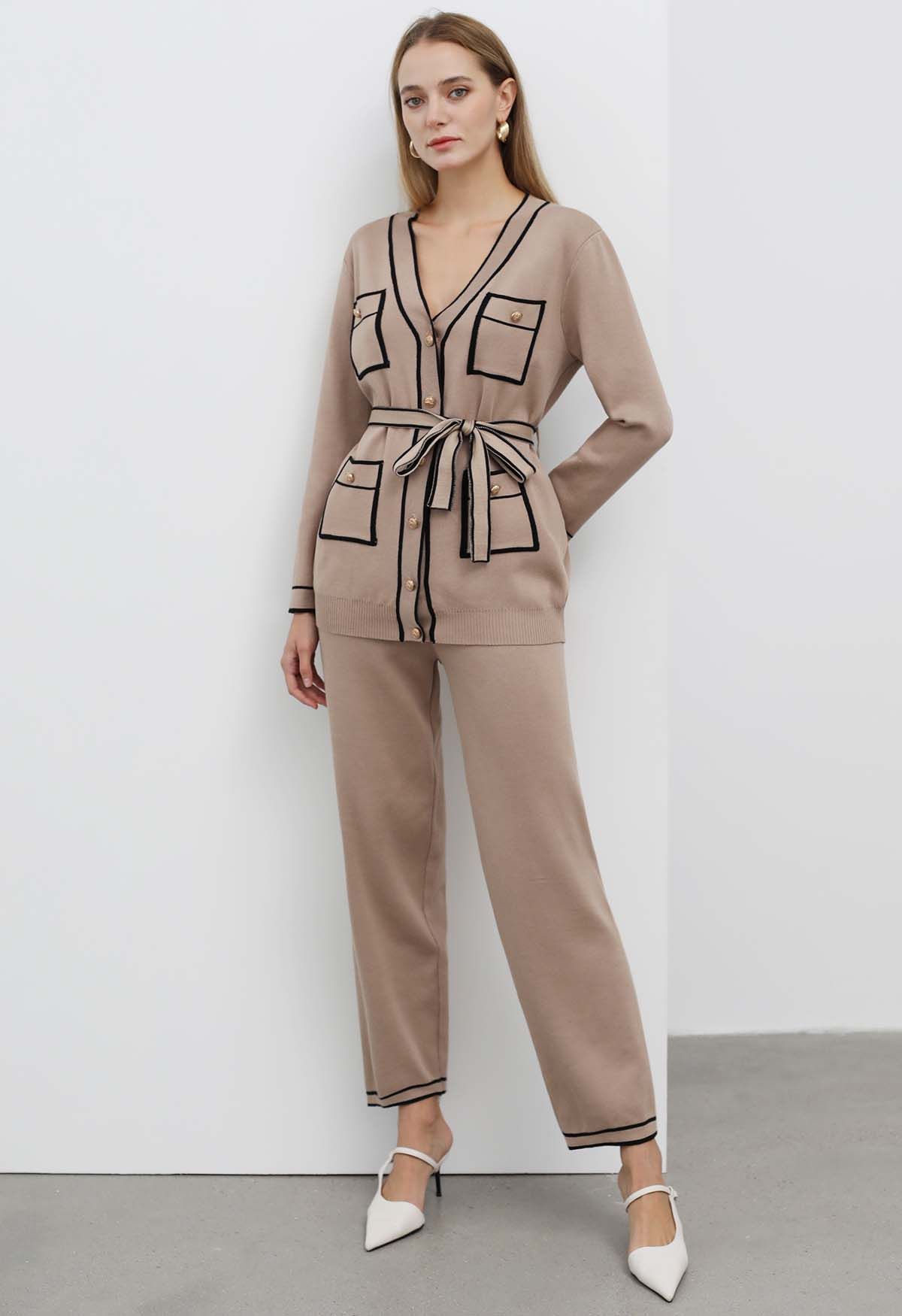 Contrast Edge Buttons Knit Cardigan and Pants Set in Camel