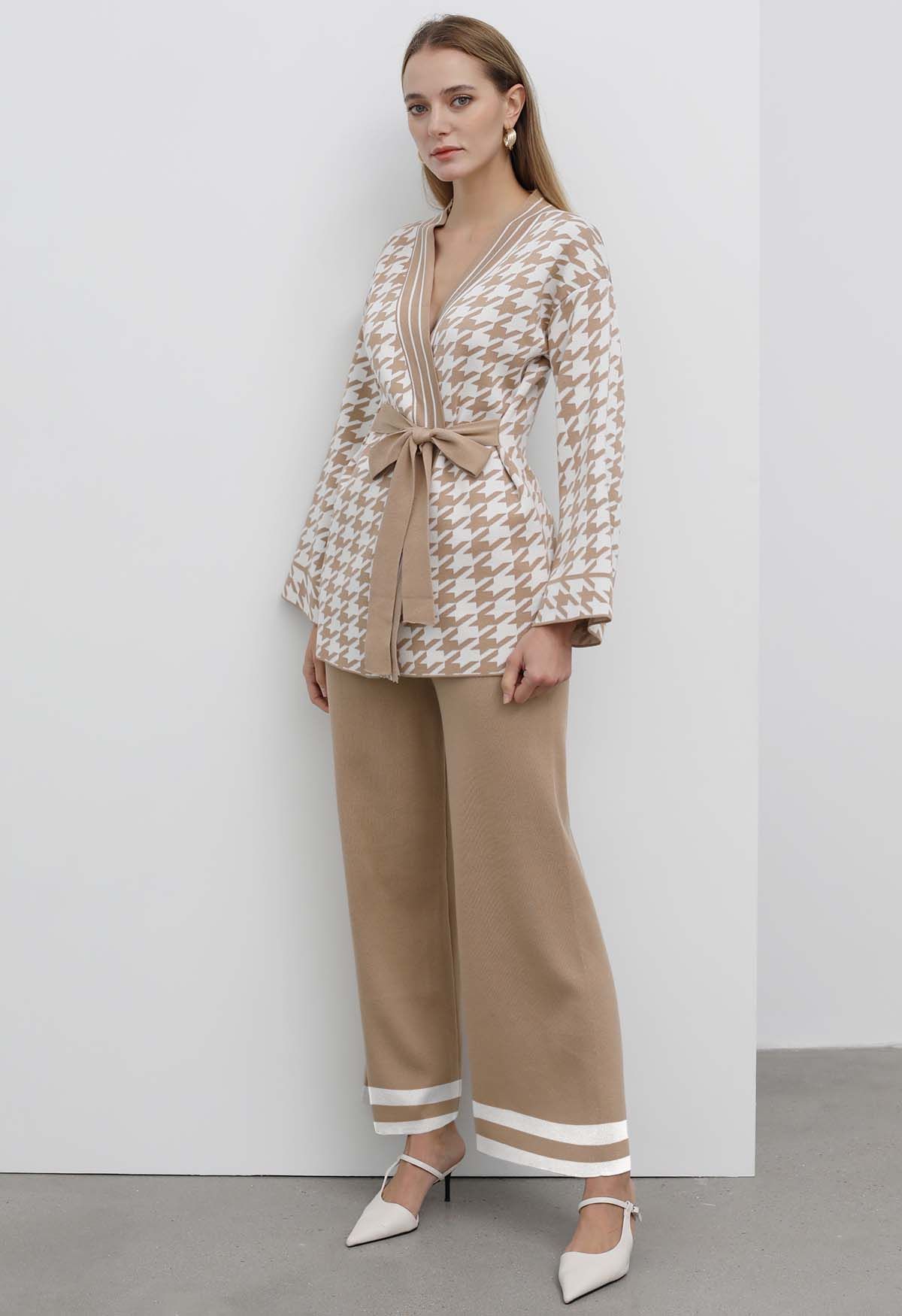 Houndstooth Self-Tie Wrap Knitted Cardigan and Pants Set in Tan