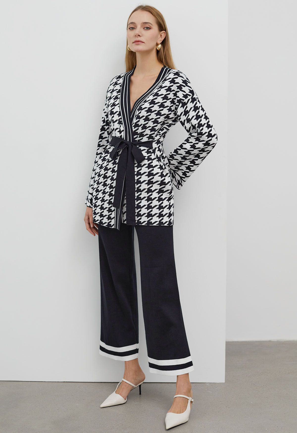 Houndstooth Self-Tie Wrap Knitted Cardigan and Pants Set in Black ...