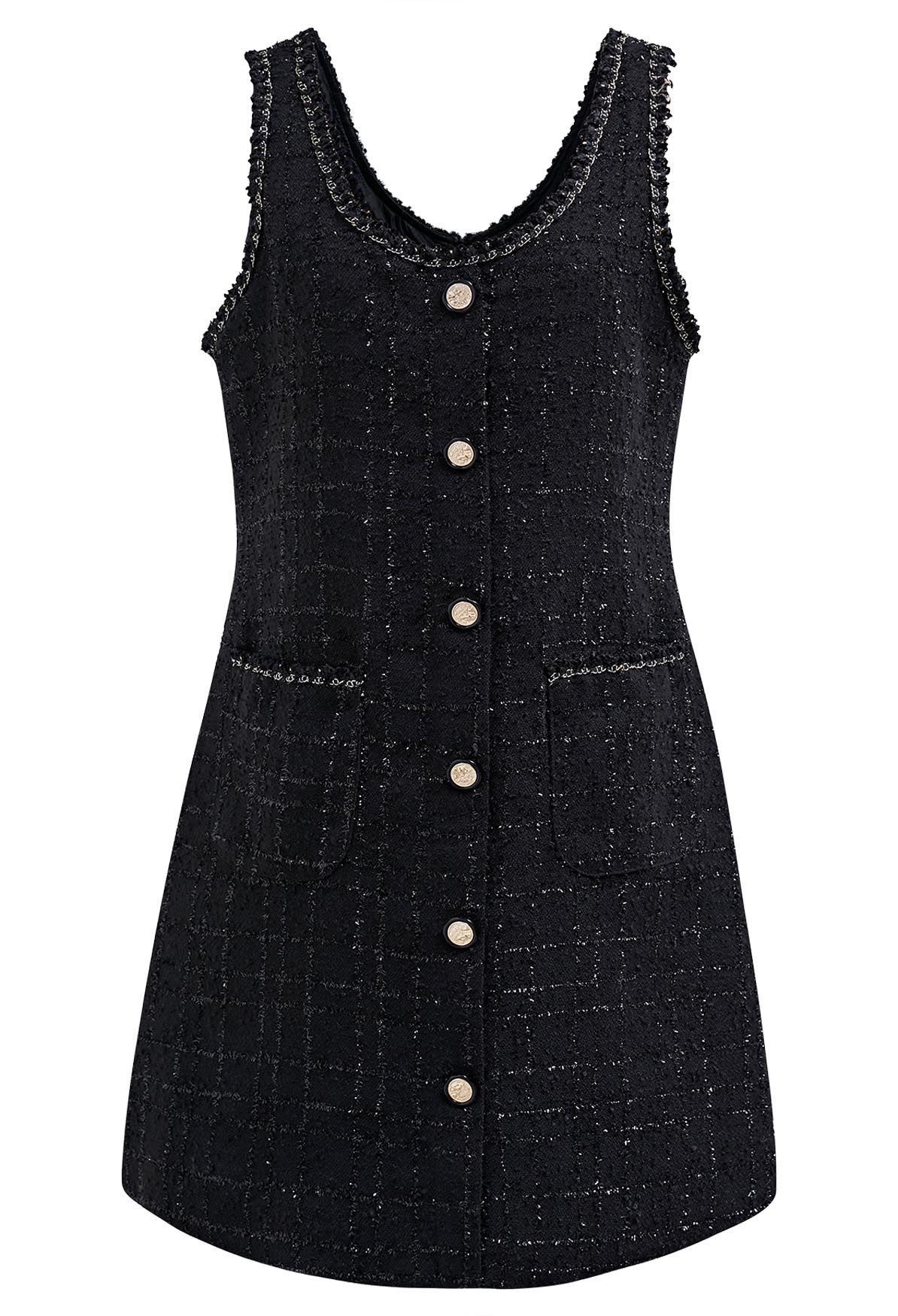 Plaid Patch Pocket Tweed Vest Dress