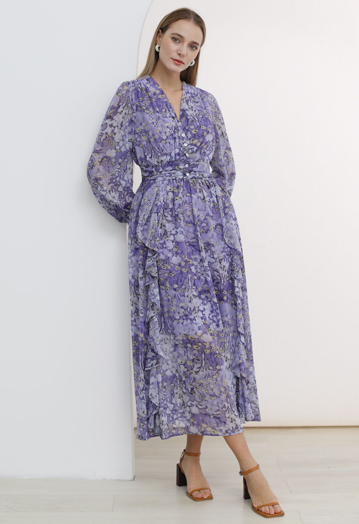 Dainty Floret Print Ruffle Chiffon Maxi Dress in Lavender - Retro