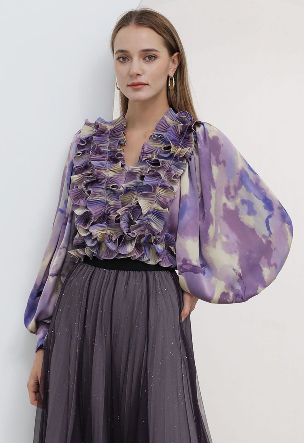 Fluttering Ruffle Tie-Dye Satin Crop Top in Purple