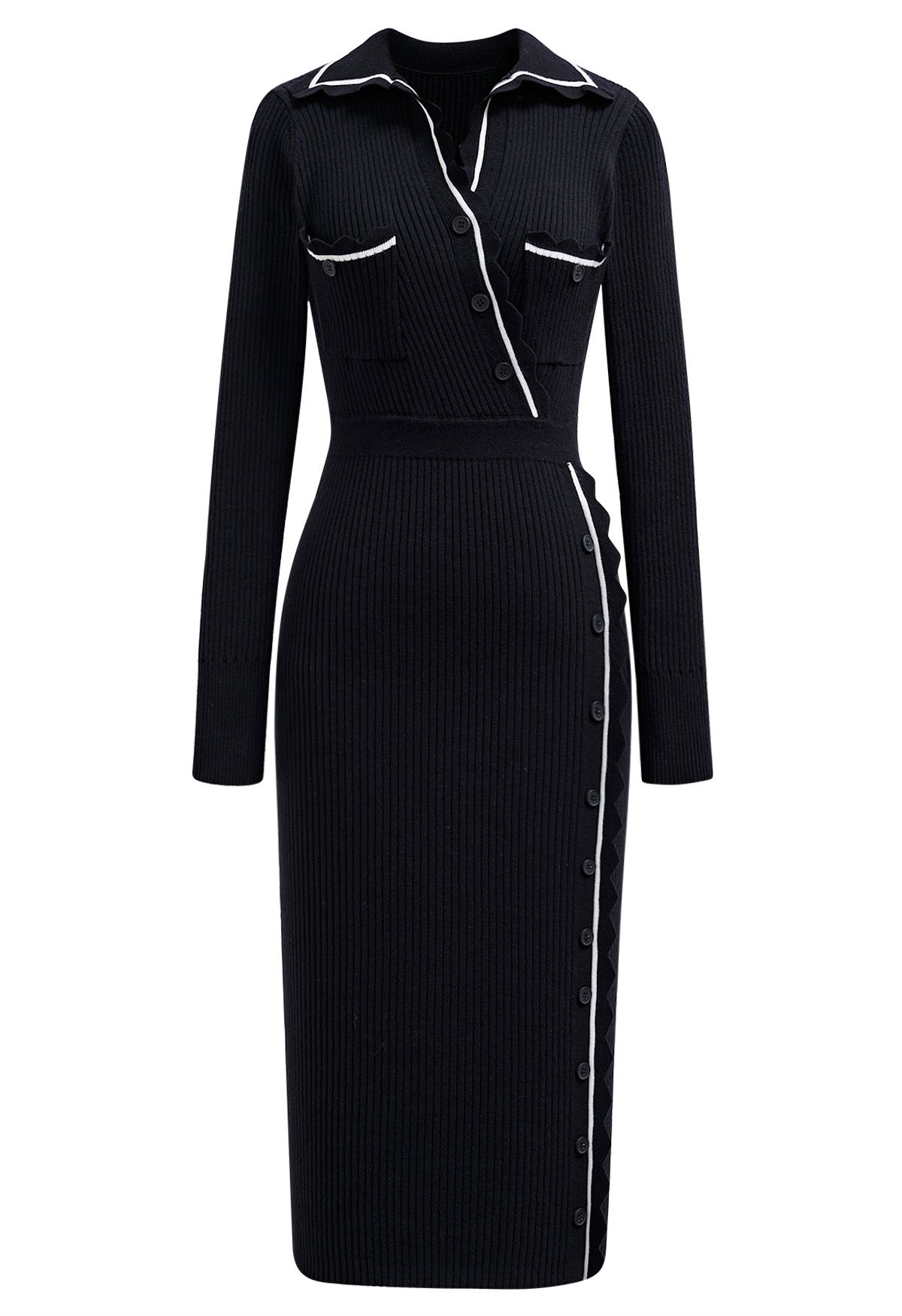 Scalloped Edge Contrast Line Bodycon Knit Dress in Black