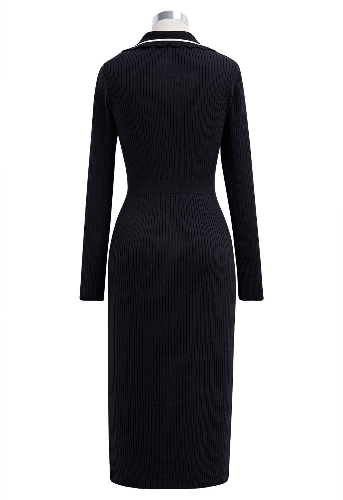 Scalloped Edge Contrast Line Bodycon Knit Dress in Black