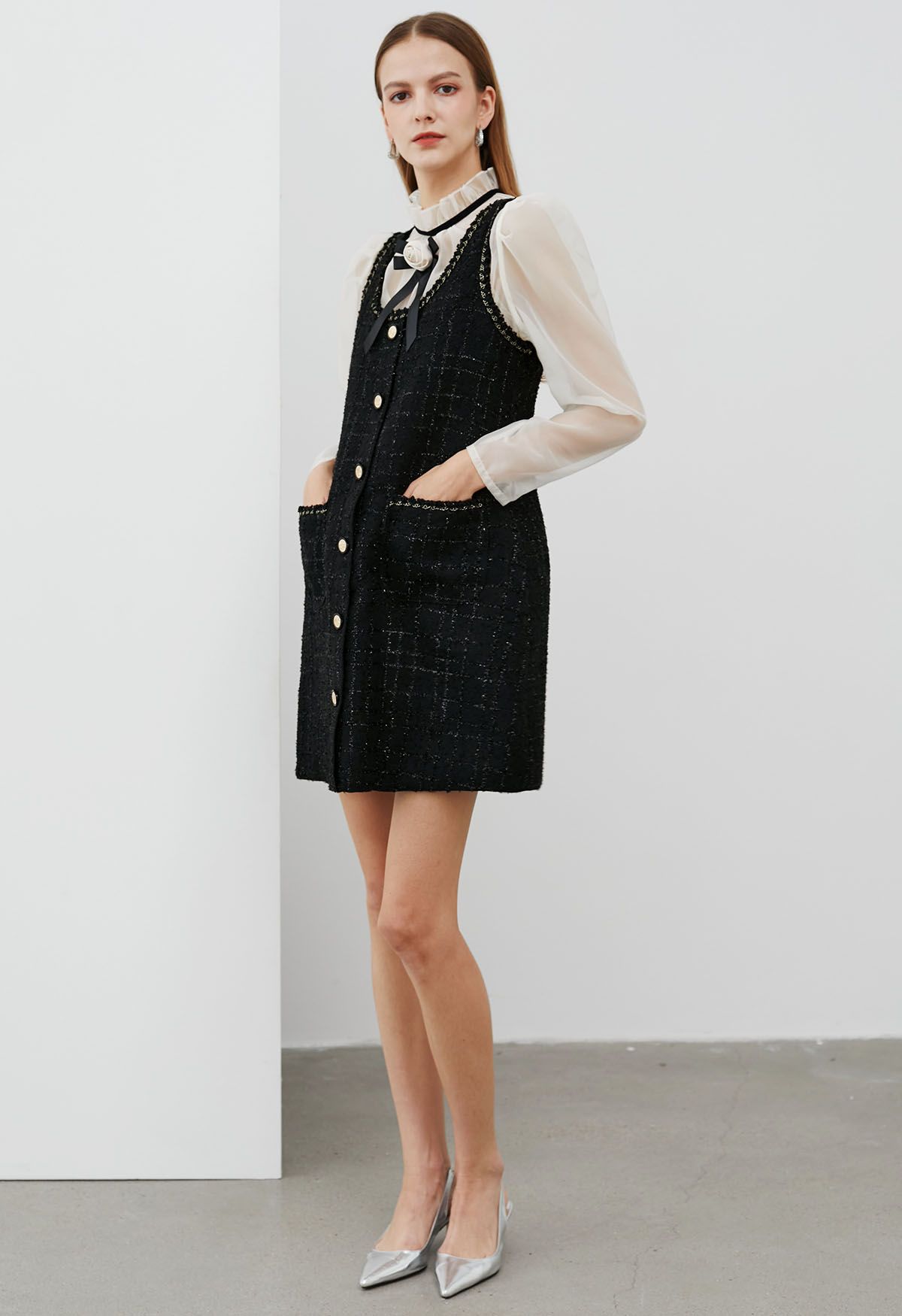 Plaid Patch Pocket Tweed Vest Dress