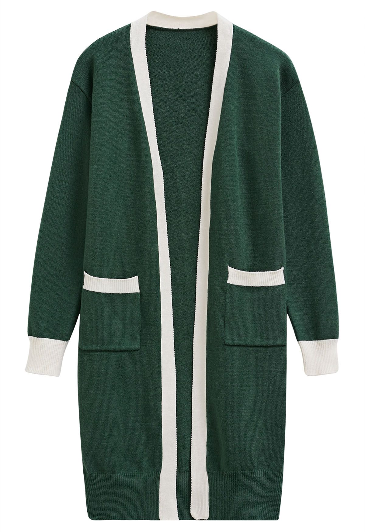 Contrast Edge Open Front Longline Knit Cardigan in Dark Green