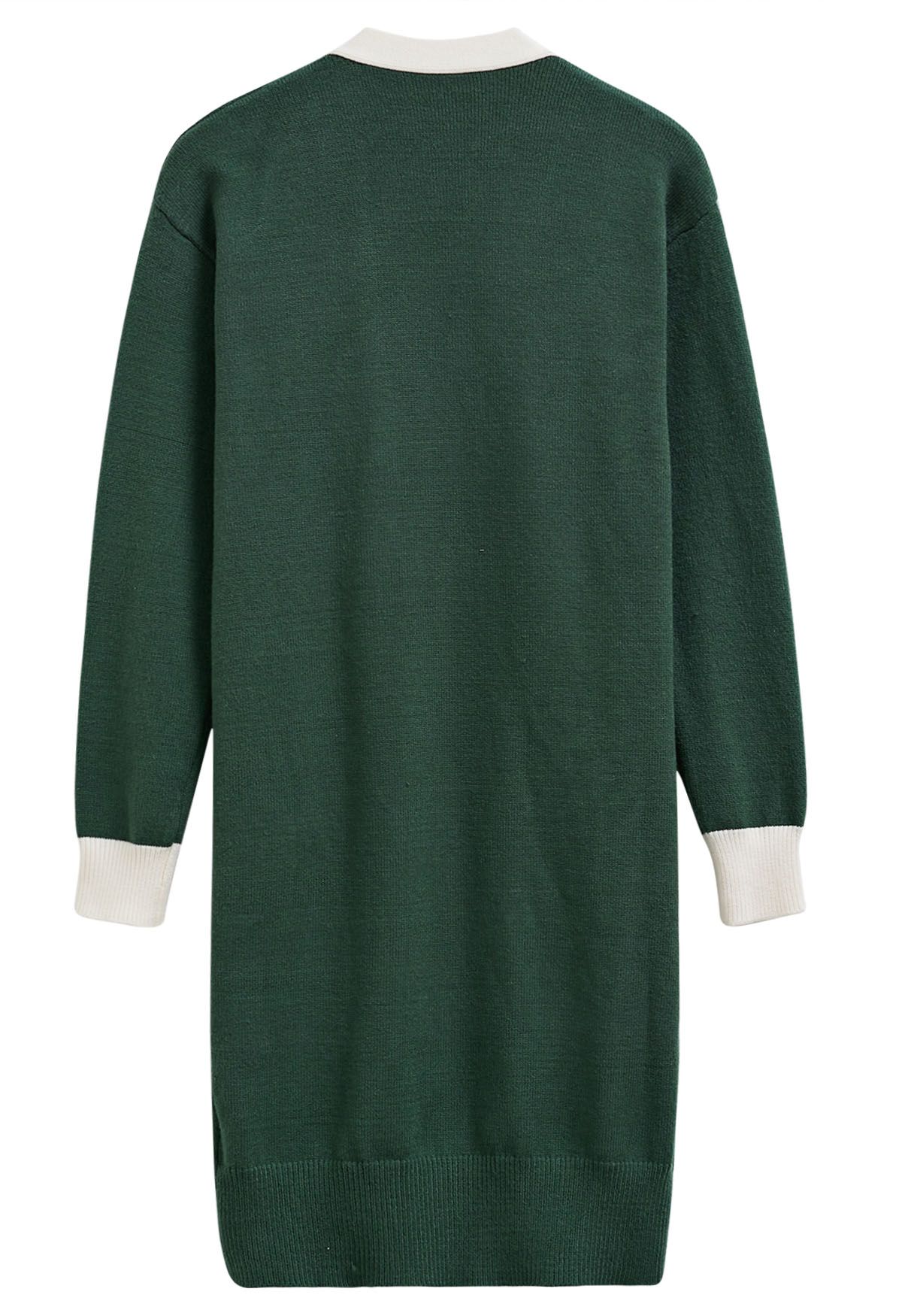 Contrast Edge Open Front Longline Knit Cardigan in Dark Green