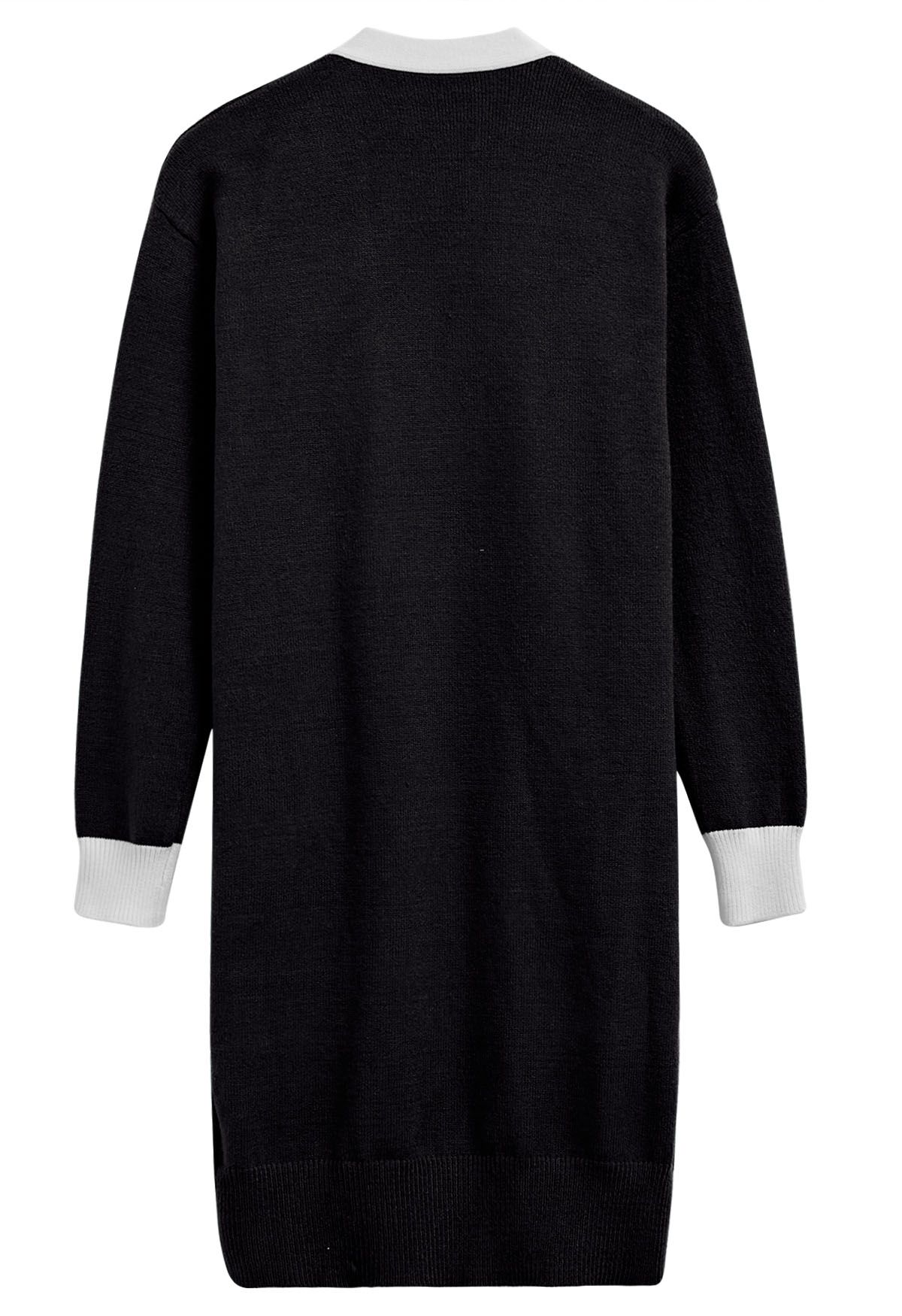 Contrast Edge Open Front Longline Knit Cardigan in Black