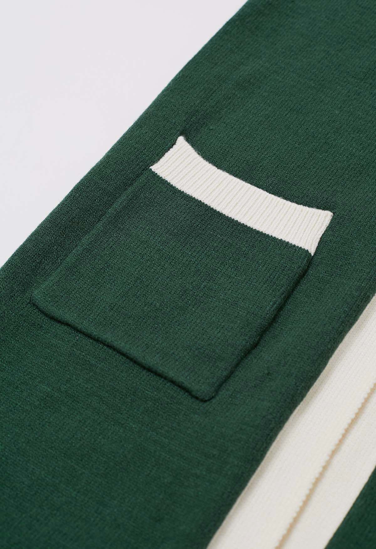 Contrast Edge Open Front Longline Knit Cardigan in Dark Green