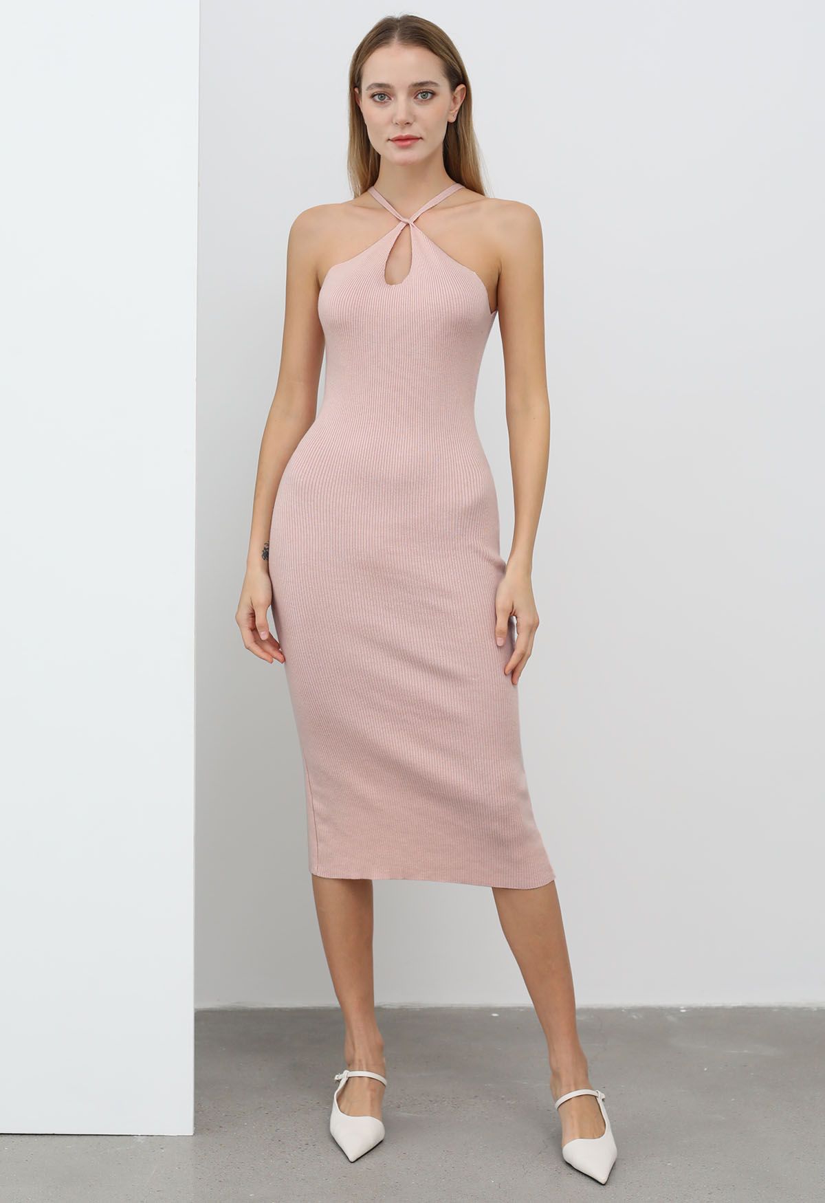 Cutout Halter Neck Knit Dress and Cardigan Set in Pink