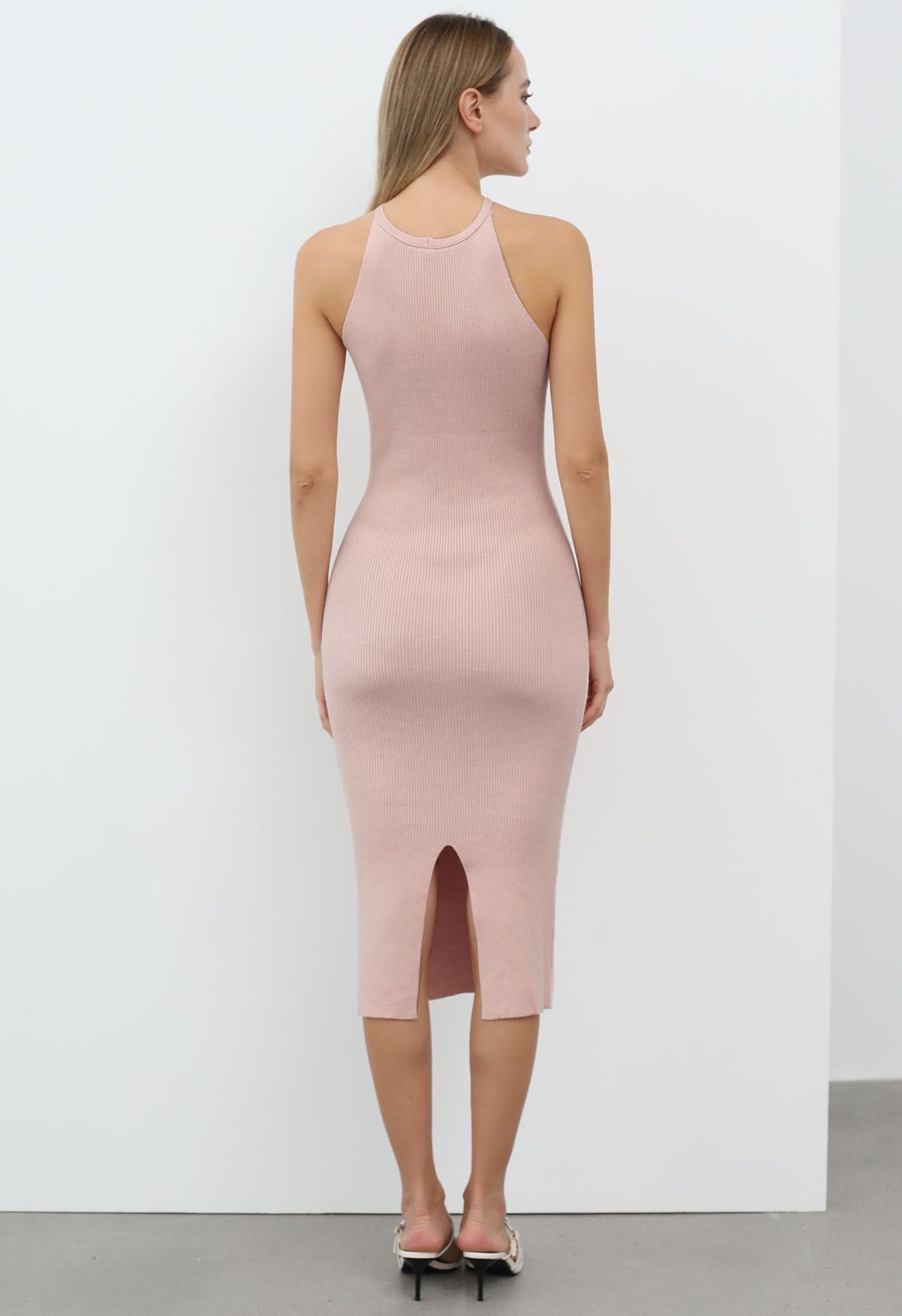 Cutout Halter Neck Knit Dress and Cardigan Set in Pink