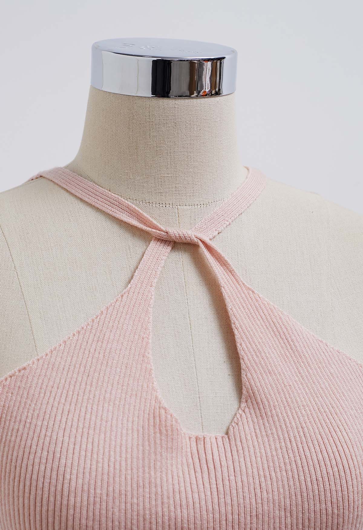 Cutout Halter Neck Knit Dress and Cardigan Set in Pink