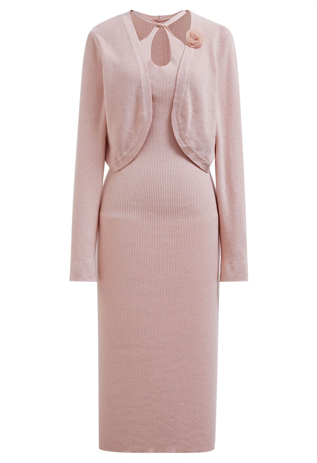 Cutout Halter Neck Knit Dress and Cardigan Set in Pink