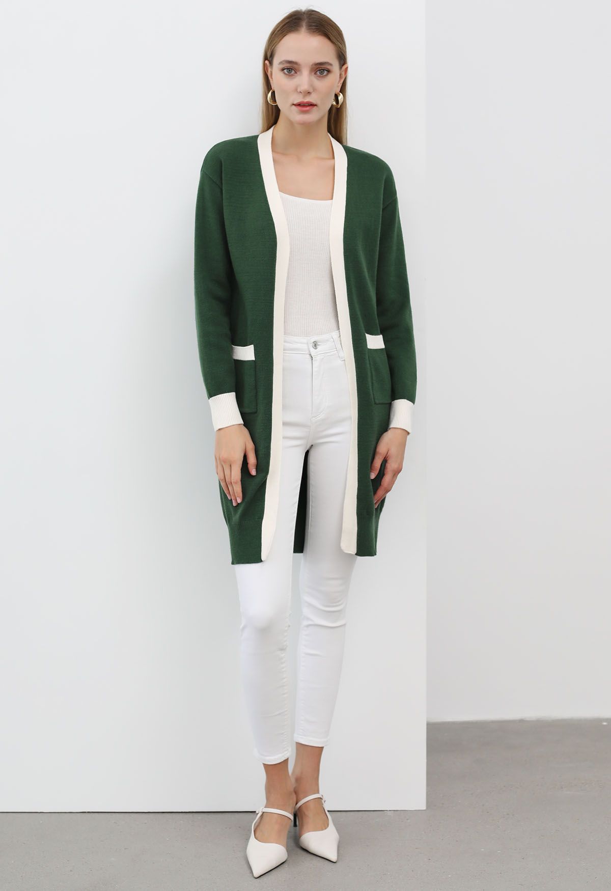 Contrast Edge Open Front Longline Knit Cardigan in Dark Green