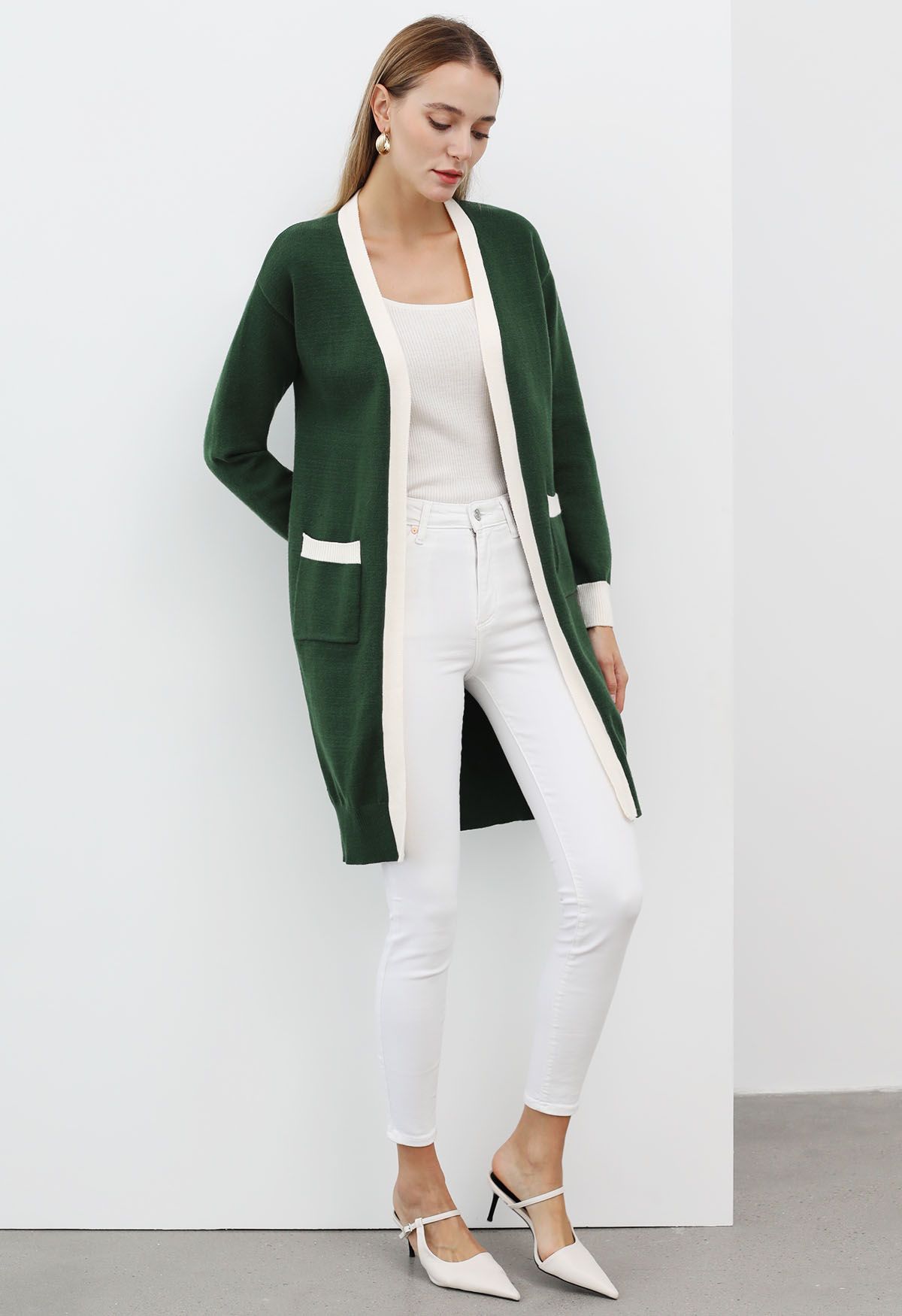 Contrast Edge Open Front Longline Knit Cardigan in Dark Green